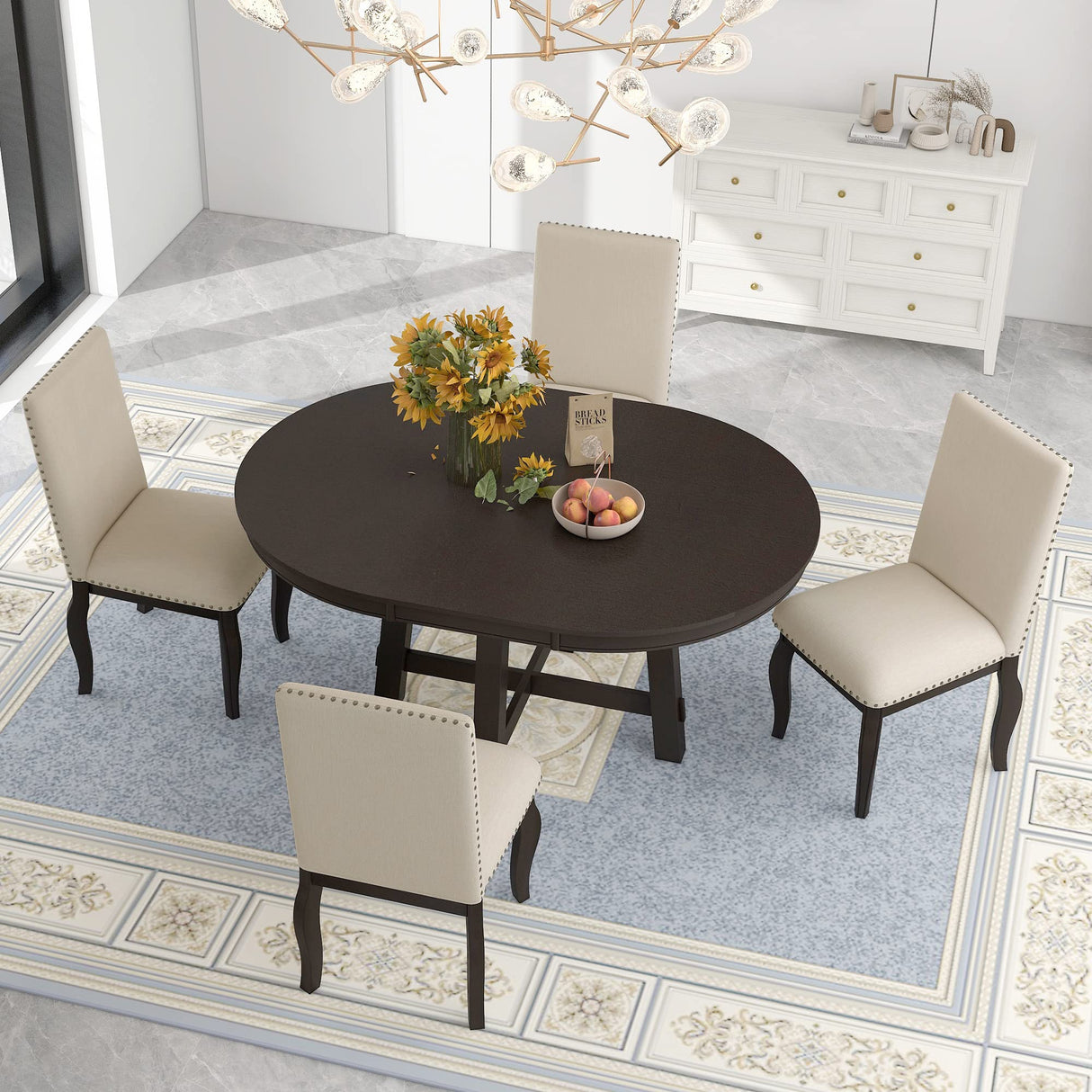 Harper & Bright Designs Round Kitchen Dining Table Set for 4, 5 Piece Farmhouse Wood Round Extendable Dining Table & 4 Upholstered Dining Chairs, Espresso (ST000074AAP-MZJ) Harper & Bright Designs