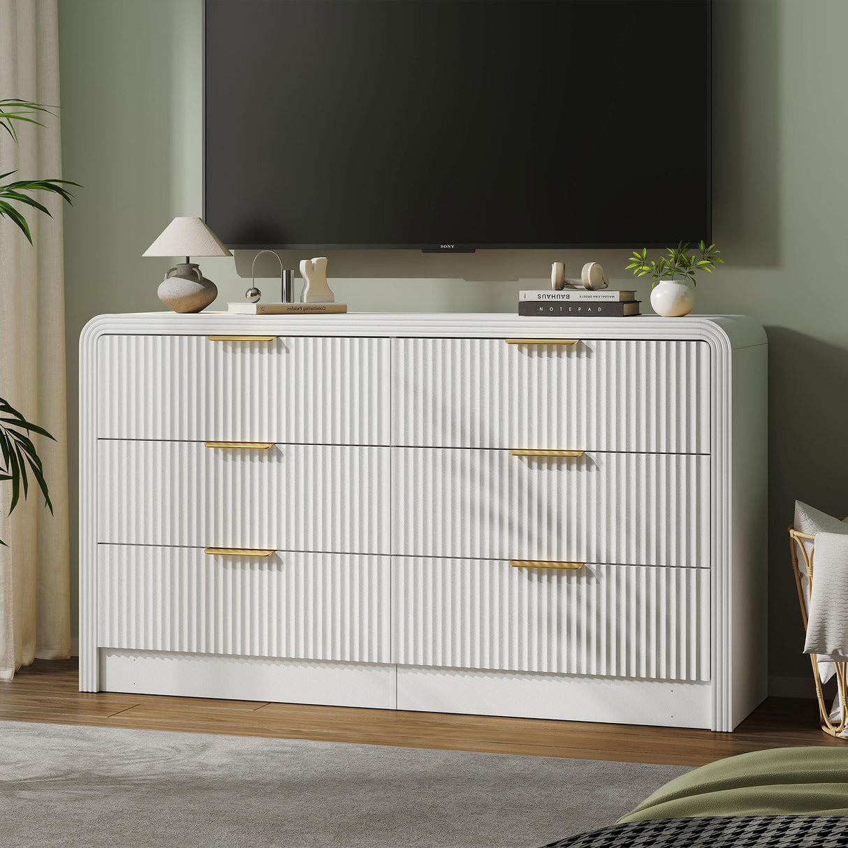 Decofy Fluted 6 Drawers Dresser for Bedroom, 55 Inch Wood Dressers with Gold Handles, Modern Dressers with Wave Texture, Large Storage Chest of Drawers, Bedroom Dresser Organizer (Pure White) Decofy