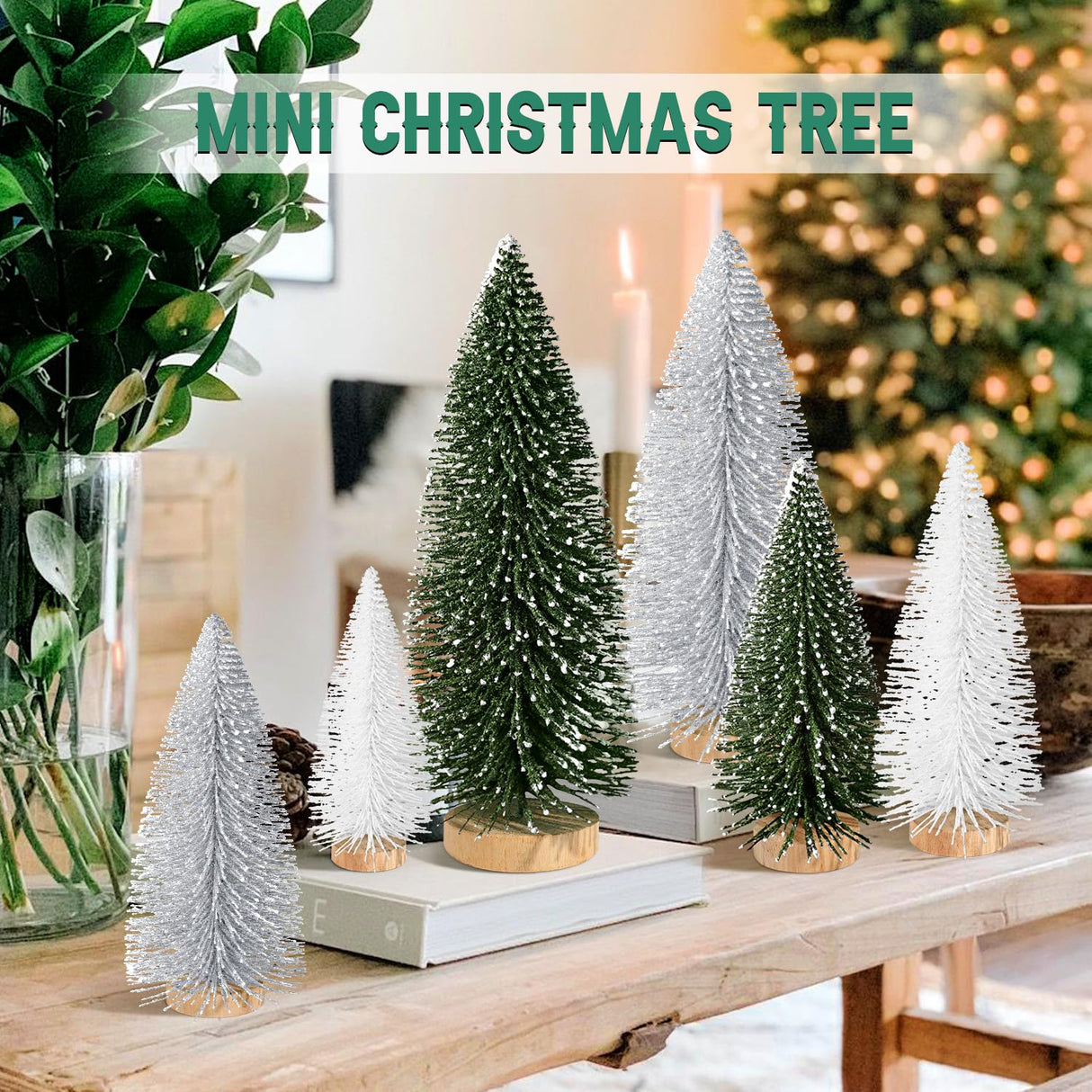 6pcs Mini Christmas Trees Christmas Decor, Artificial Christmas Mini Bottle Brush Trees Tabletop, Christmas Decoration Trees with 4 Size Xmas Holiday Decor (6pcs Green+Silver+White) KPX