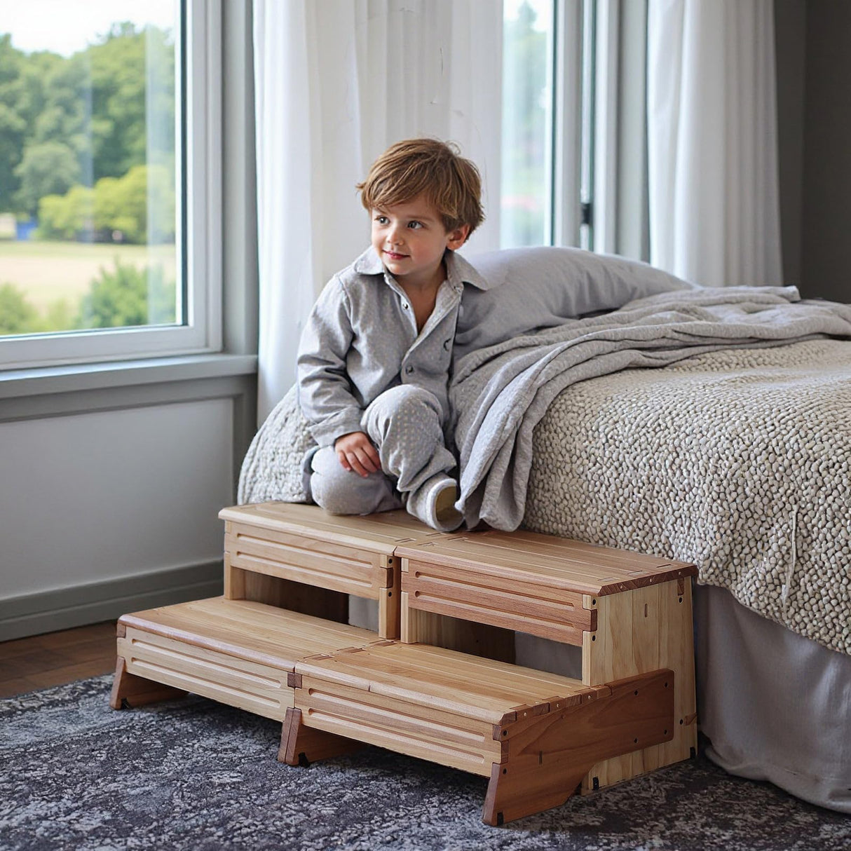 unununu 16" Wooden Two Step Stool for Adult & Kid, Wider, Deeper & Safer Bedside Steps, Anti-Slip. Riser 2-Step Spa & Hot Tub Stairs for Pool, Heavy Duty for Kitchen, Bathroom, Closet, High Bed Step unununu