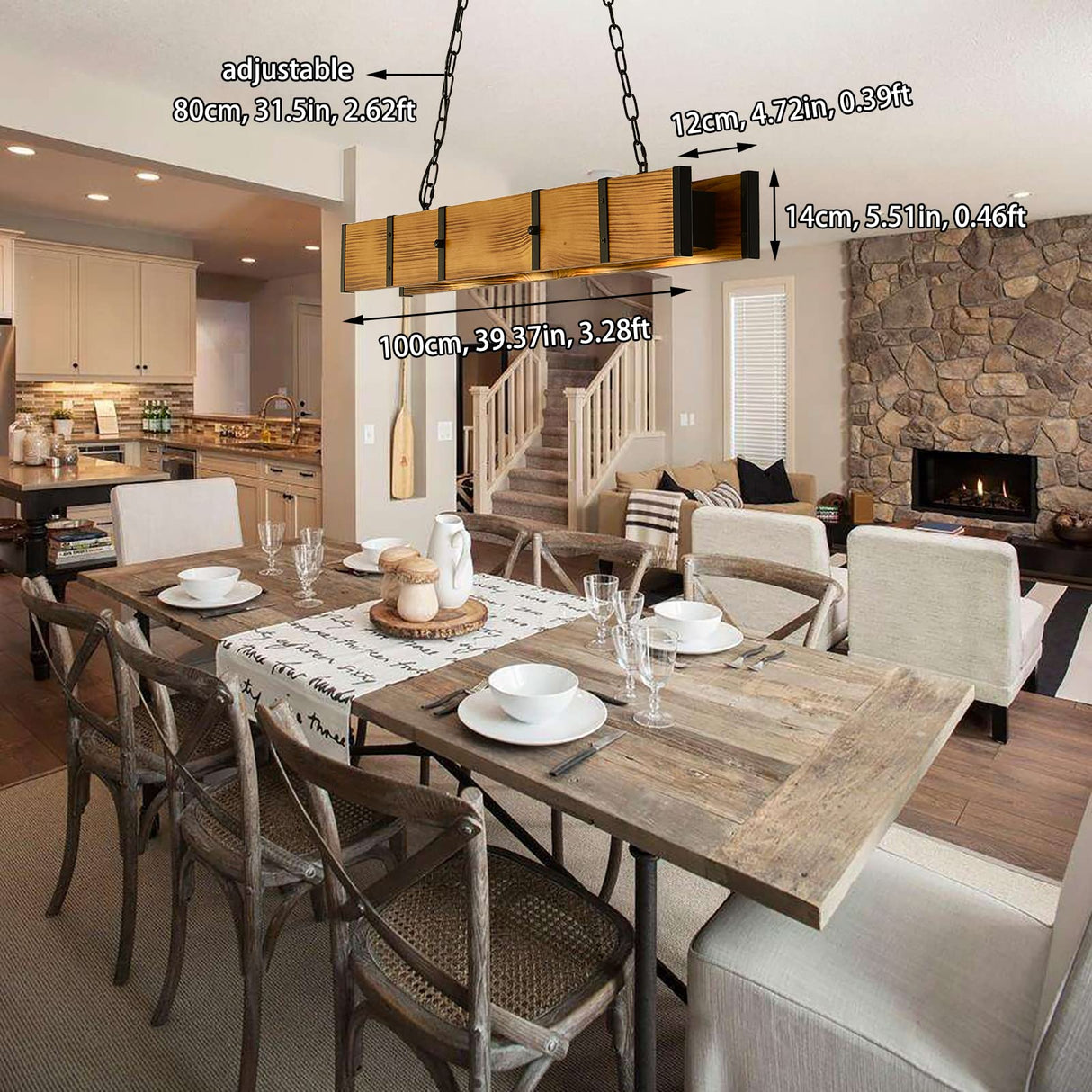 Rustic Wood Chandeliers, Wood Pendant Lighting with 4x5w LED 3 Color Change Light, Farmhouse Rectangle Dining Room Chandelier Industrial Hanging Light for Kitchen Island Pool Table TEINIE