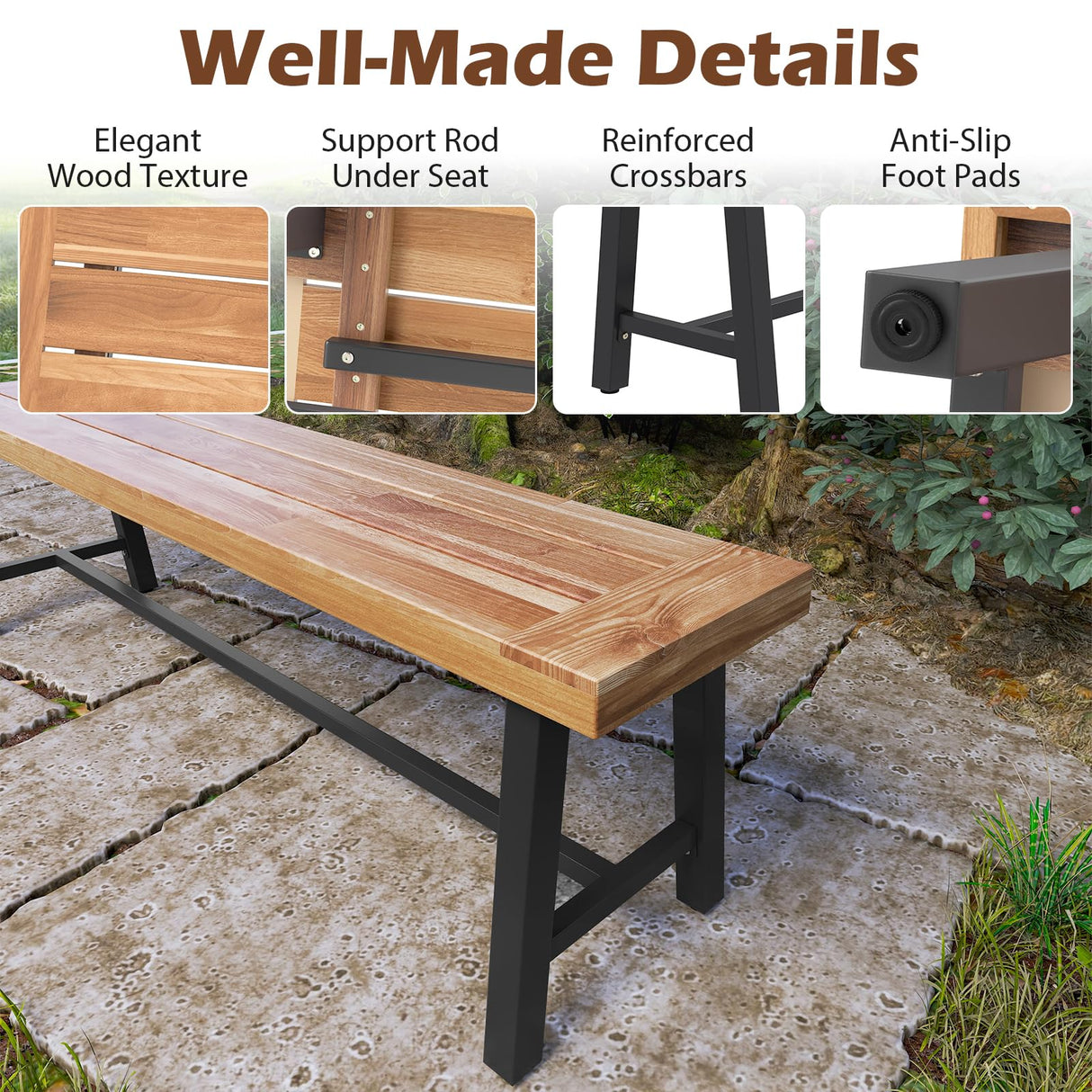 Toolsempire Outdoor Bench Garden Bench, 63" Backless Acacia Wood Bench with Heavy-Duty Metal Legs, Patio Dining Bench Front Porch Benches for Outside, Yard & Garden Toolsempire