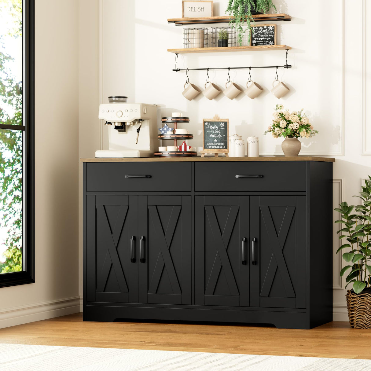 HOSTACK Coffee Bar Cabinet, 47.2" Buffet Cabinet with Storage, Modern Farmhouse Kitchen Buffet Sideboard with Drawers and Shelves, Barn Doors Storage Cabinet for Living Room, Black/Rustic Brown HOSTACK