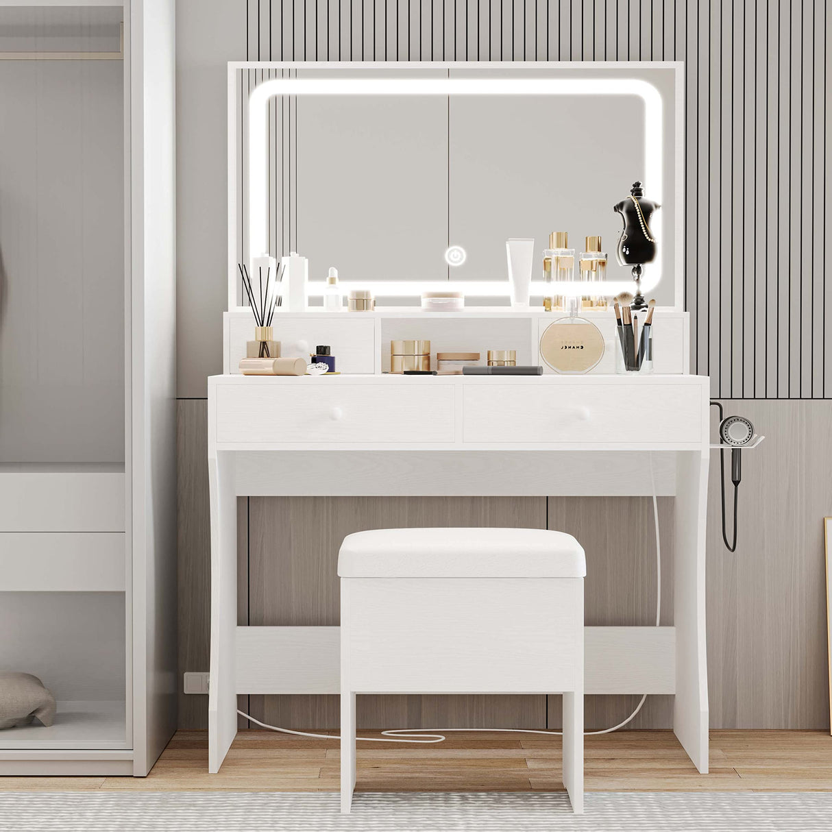 LIKIMIO Vanity Desk with LED Lighted Mirror & Power Outlet & 4 Drawers, Makeup Table Set with Storage Stool and Hair Dryer Stand, White LIKIMIO