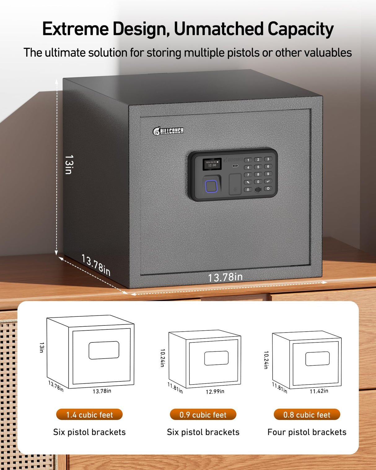 BILLCONCH Gun Safe with 6 Pistol Holders - Biometric, Key & App Unlock, Black Iron Safe with LCD Display & Voice Prompt, Removable Shelf & Foldable Gun Racks (1.4 Cubic Feet) BILLCONCH