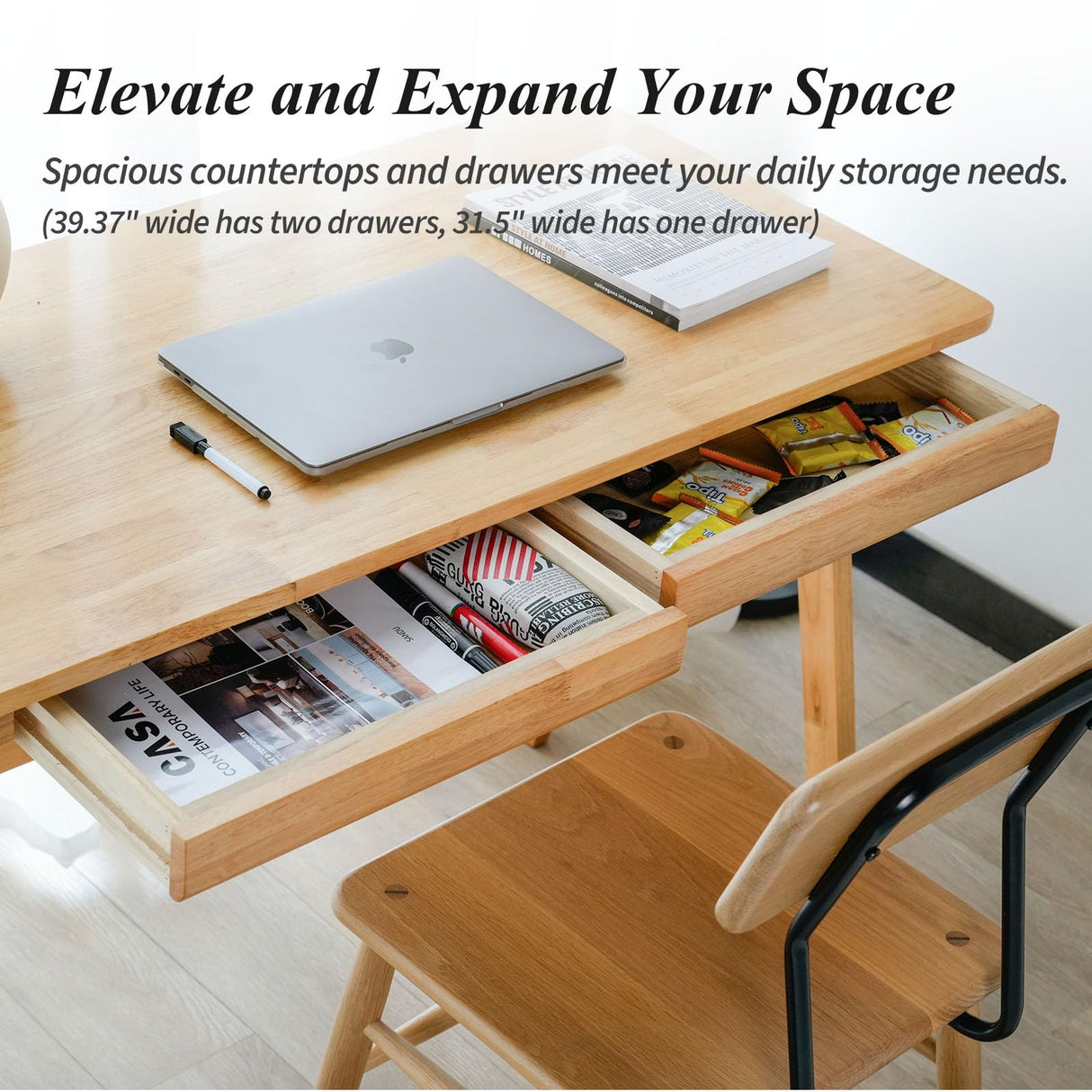 Cttasty Computer Desk with Drawers, Solid Wood Writing Desk, Mid Century Modern Home Office Desks, Oak Study Table, Small Desk for Bedroom, 29.1 H x 39.4 W x 21.7 D Inches, Natural Cttasty