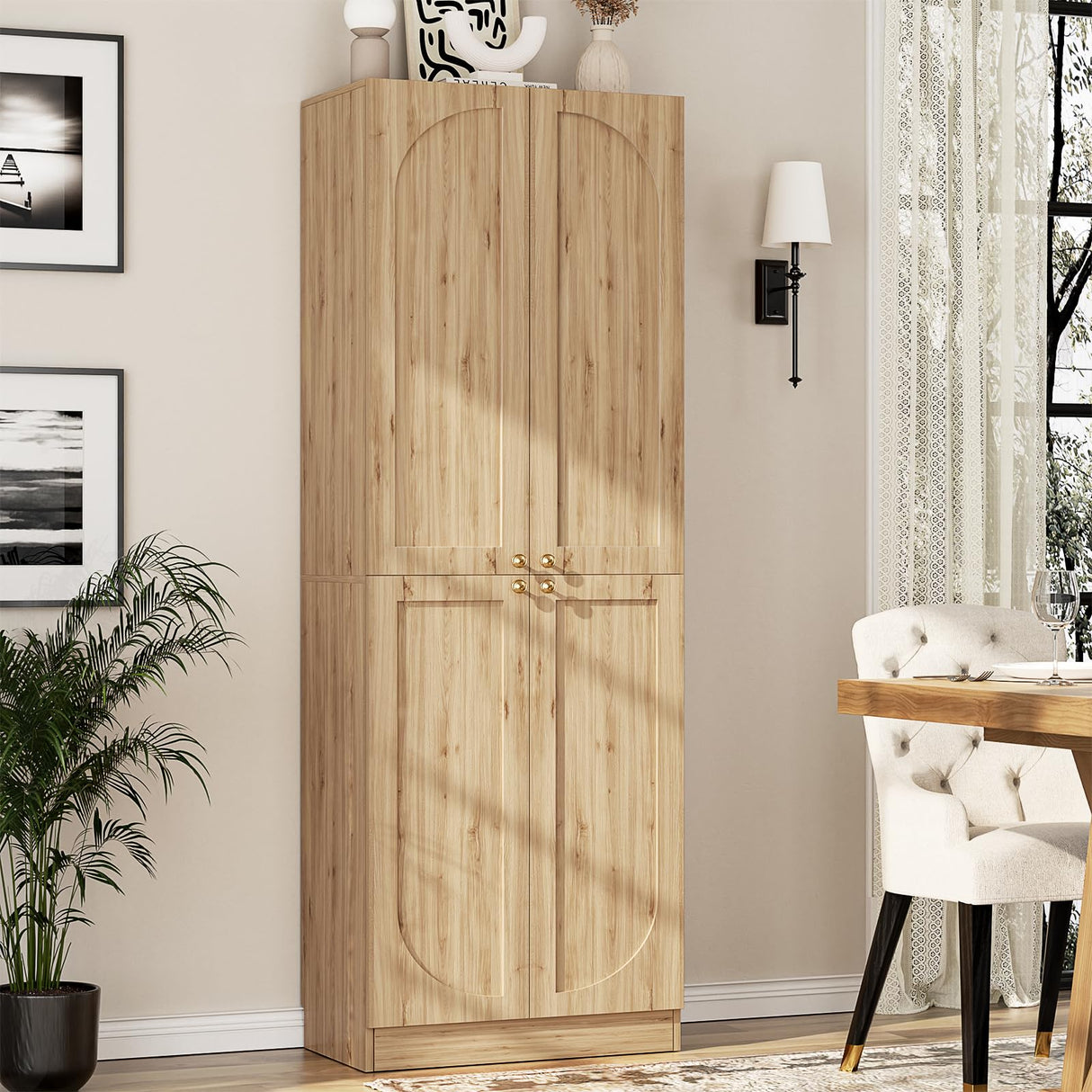 Cyclysio 80" Storage Cabinet, Tall Arched Bookcase with 4 Doors, 6-Tier Wooden Pantry with Adjustable Shelves, Seamless Fit Wall for Home Office, Living Room, Kitchen (Natural) Cyclysio