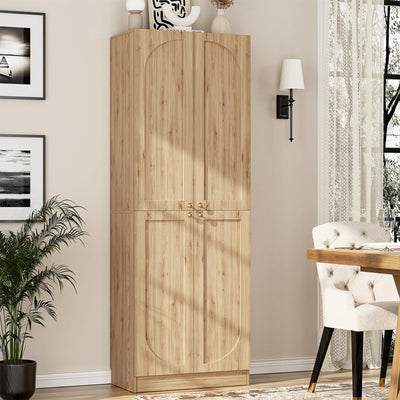 Cyclysio 80" Storage Cabinet, Tall Arched Bookcase with 4 Doors, 6-Tier Wooden Pantry with Adjustable Shelves, Seamless Fit Wall for Home Office, Living Room, Kitchen (Natural)