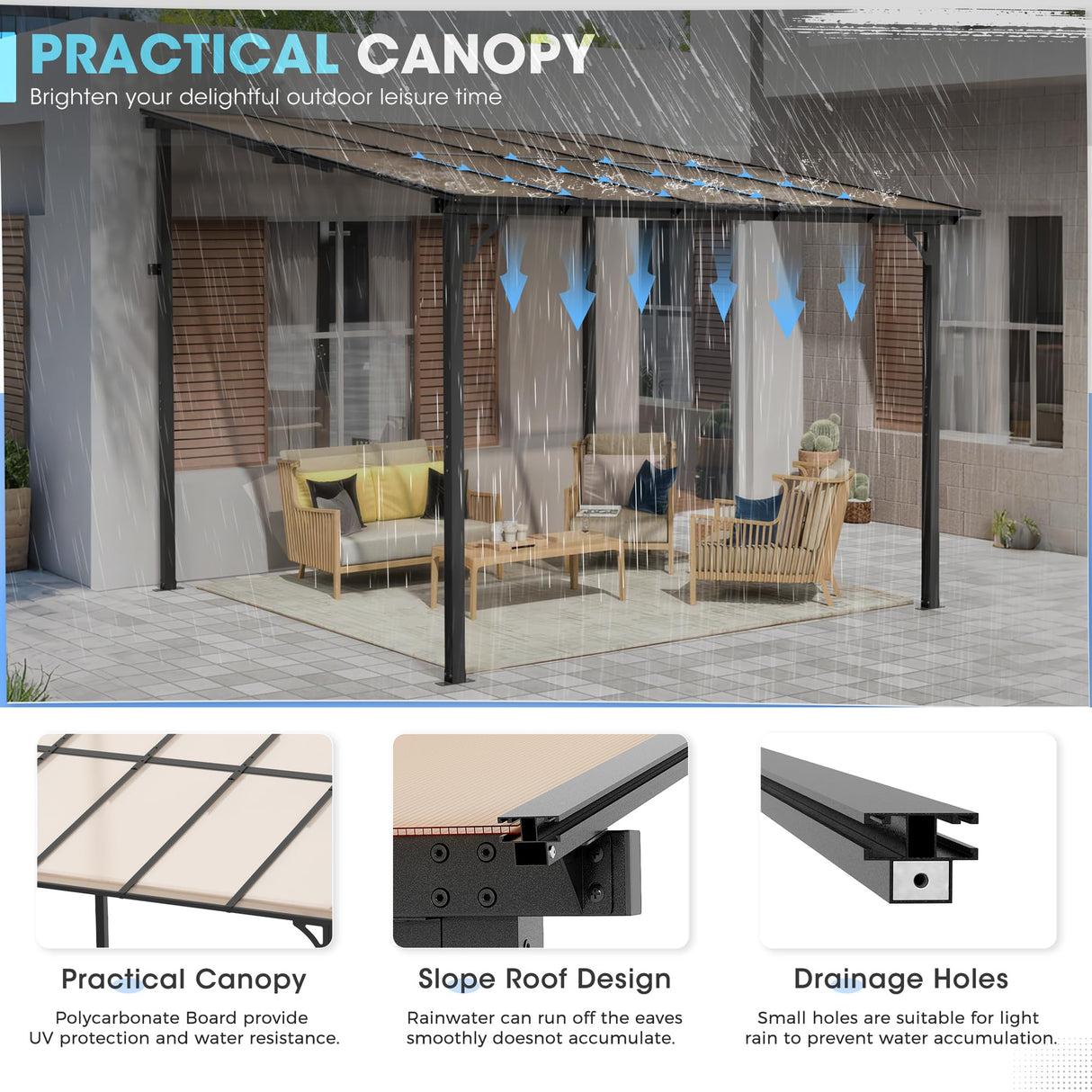 SUNCROWN 10'x10' Hardtop Gazebo, Wall-Mounted Gazebos Pergola, Outdoor Reclining Gazebos with Metal Frame, Lean to Gazebo Metal Awnings for Patio, Deck, Backyard, Porch, Lawns SUNCROWN