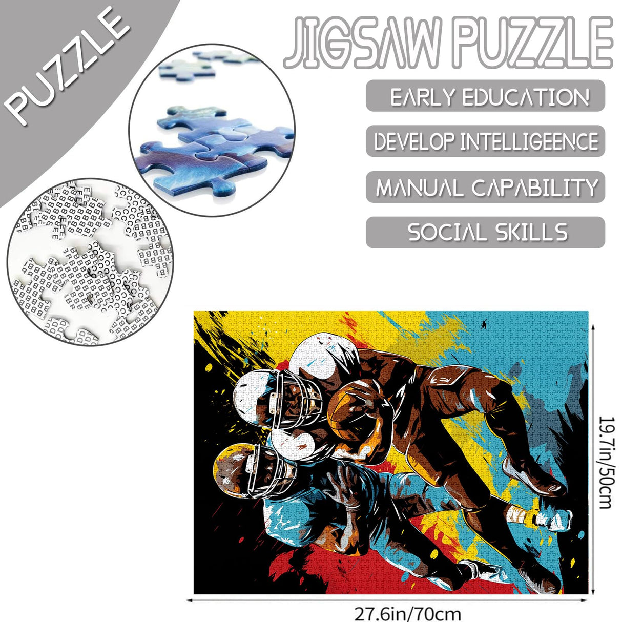 American Football Athletics Jigsaw Puzzles 1000 Pieces for Adults, Families (Sport Player,Ball,Helmet) Pieces Fit Together Perfectly 19.7''x27.6''inch Graffitic Frameable Magic Puzzle Art(Brown) TUMOVO