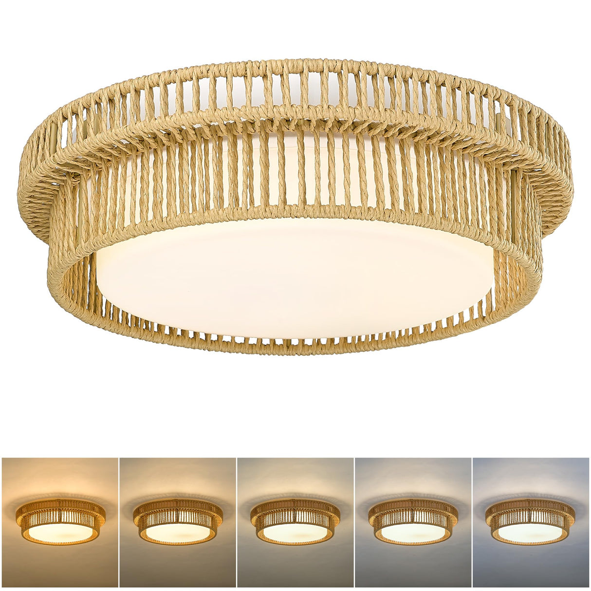 Boho Light Fixtures Ceiling 16W LED, HWH 13'' Woven Rattan Flush Mount Ceiling Light, Handwoven Twine Cage Light Fixtures Ceiling Mount 5CCT, 5HYS78F-LED HWH INVESTMENT