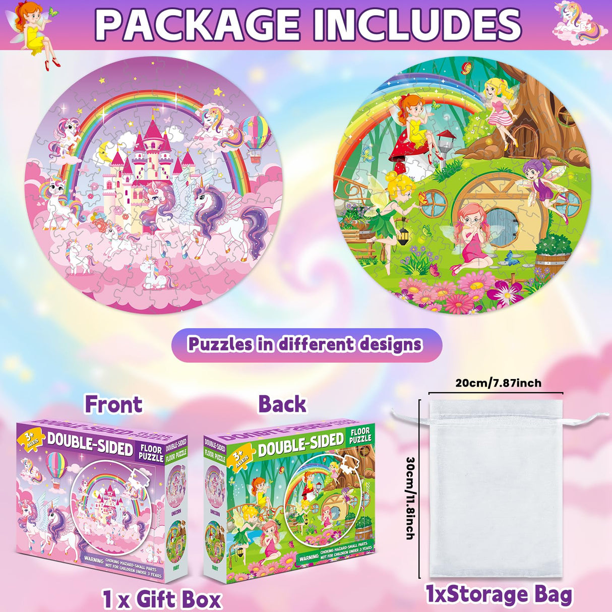 71Pcs Unicorn Fairy Jigsaw Puzzles for Girls Ages 3-5 Fairy Double Sided Puzzle for Kids Rainbow Castle Round Floor Puzzles Xmas Party Supplies Preschool Brain Teaser Educational Toys ZOIIWA