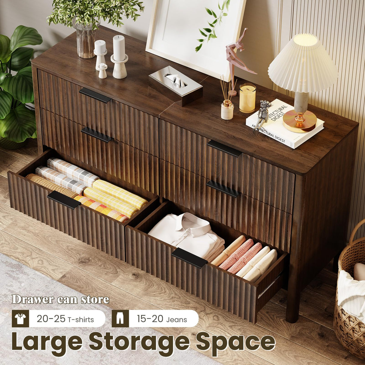 55" Wide Fluted 6 Drawer Dresser for Bedroom, Wooden Dresser Modern Chest of Drawers TV Stand Dressers with Organizer Storage for Bedroom, Living Room, Entryway, Hallway, Walnut MODNEST