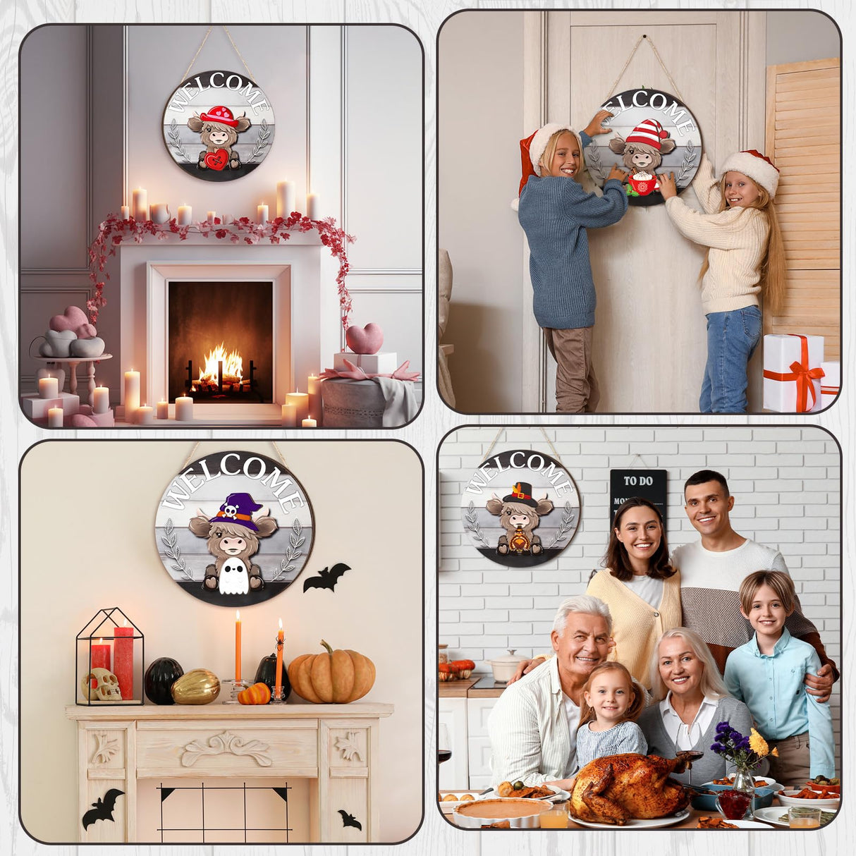 35 Pcs Christmas Interchangeable Highland Cow Welcome Sign Highland Cow Seasonal Wooden Hanging Door Decor Thanksgiving Farmhouse Hanging Sign for Front Door Xmas Party Decoration Gift(Dark Gray) Vicenpal