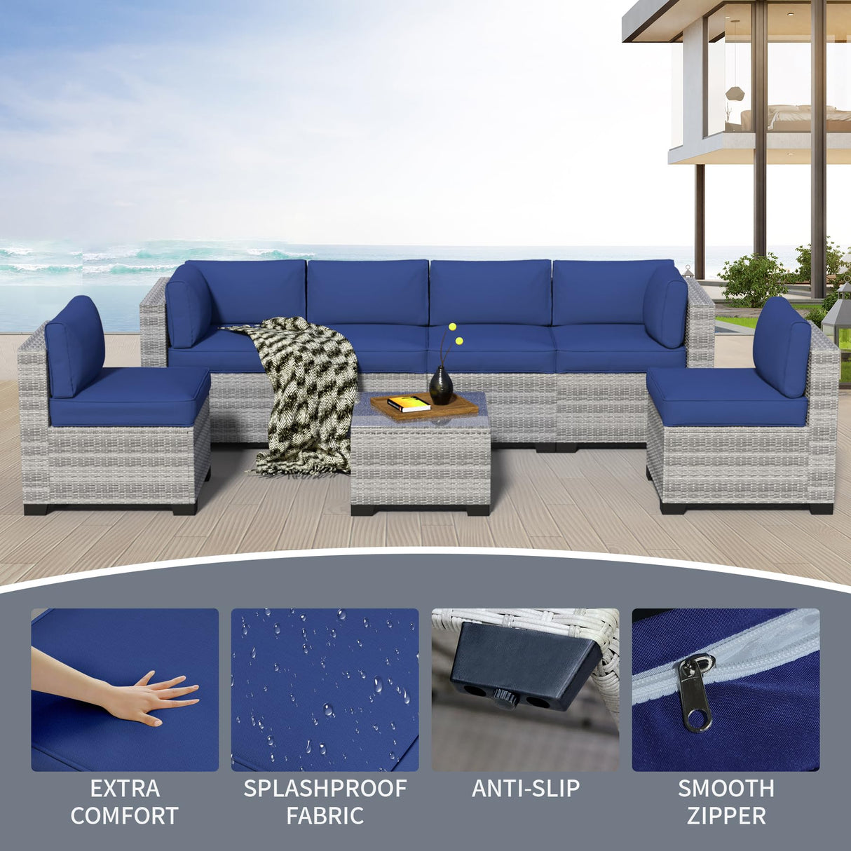 YLGJ&TIDY 7-Piece Outdoor Patio Furniture Set, PE Rattan Sectional Sofa with Waterproof Cushions & Coffee Table, Modern Patio Conversation Set for Patio, Garden, Poolside (7, Greywhite & Navy Blue) YLGJ&TIDY