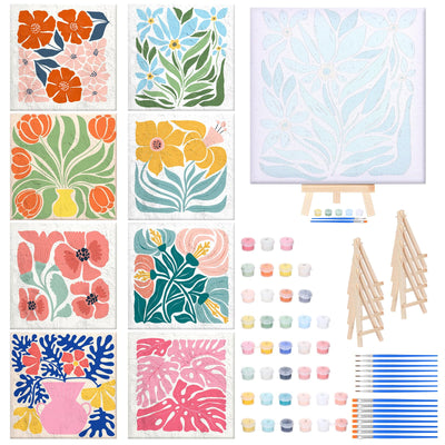 RoundFunny 8 Set Paint by Numbers Kit for Adults with 8x8 Inch Mini Simple Painting Canvas Wooden Frame Easel Acrylic Paints Brushes Funny Numbers Drawing Kit for Gift Home Wall Decor(Simple Blossom)