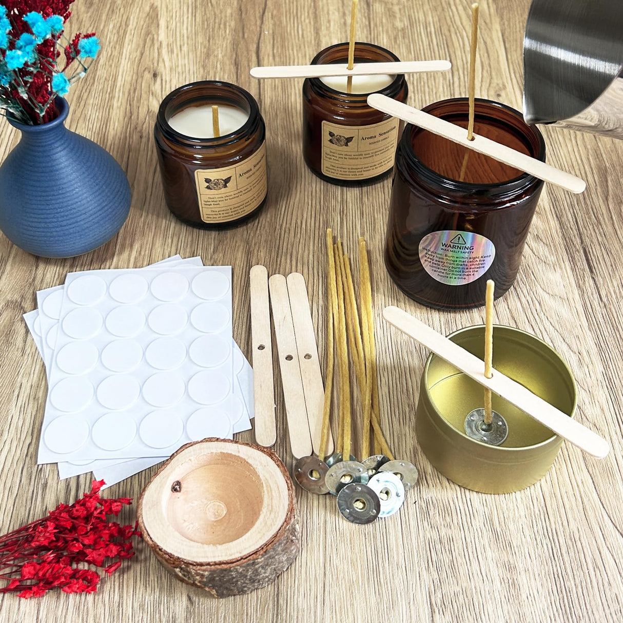 Nuozme 50 Pcs 6" Natural Candle Wicks,Pre-Waxed by 100% Beeswax & Tabbed with 60Pcs Candle Wick Stickers and 5 Pcs Wooden Candle Wick Centering Device, for Candle Making,Candle DIY Nuozme