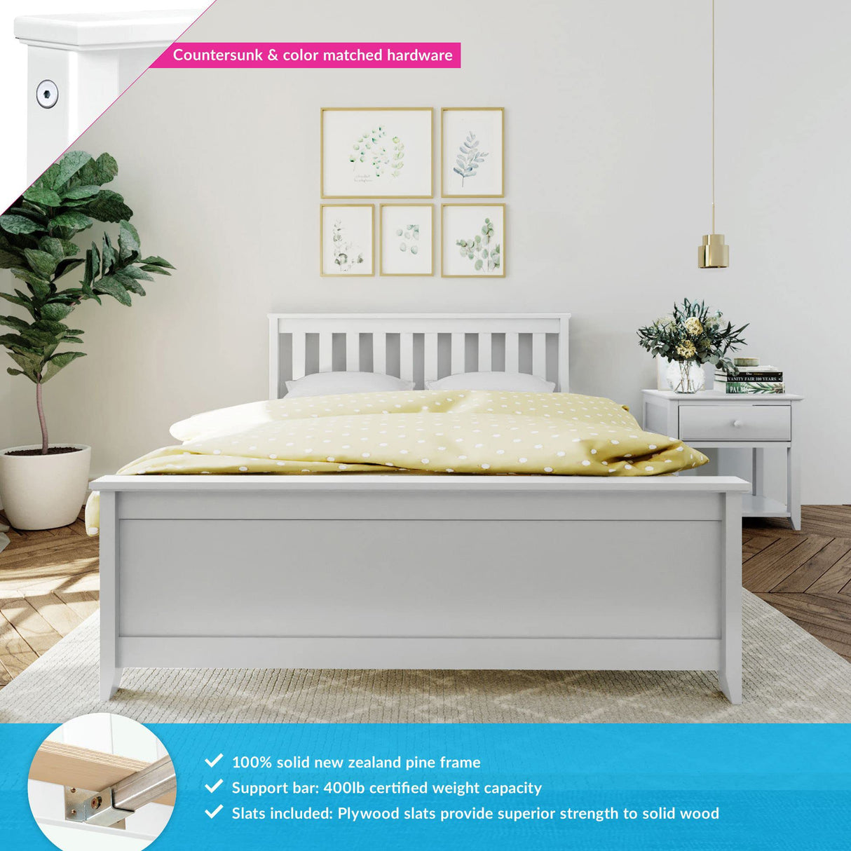 Max & Lily Full Size Solid Wood Bed Frame with Slatted Headboard – Easy Assembly, No Box Spring Needed, White Max & Lily