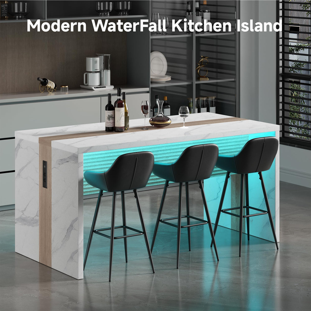 63" Large Island Table for Kitchen with Charging Station,Faux Marble Wooden Dining Table for 4-6 People,Modern Luxury Kitchen Island with Multi-Color LED Mood Lighting & Stylish Grill Design TRONLEE