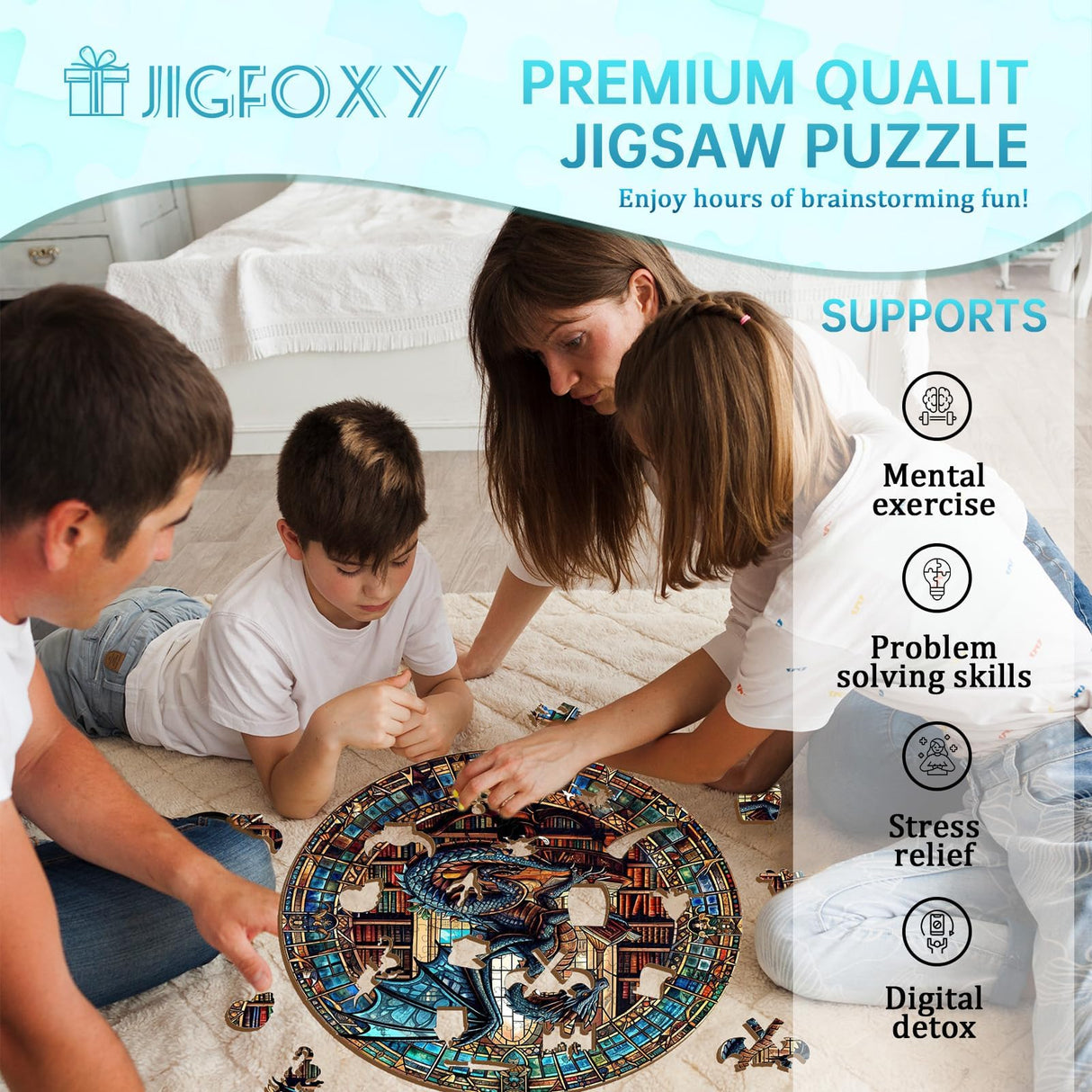 Jigfoxy Wooden Puzzles for Adults, Dragon's Library Wood Puzzles Adult, Unique Animal Shape Wooden Jigsaw Puzzles, Birthday Gifts for Puzzles Lovers Family Friend (S-8.5 * 8.5in-100pcs) Jigfoxy
