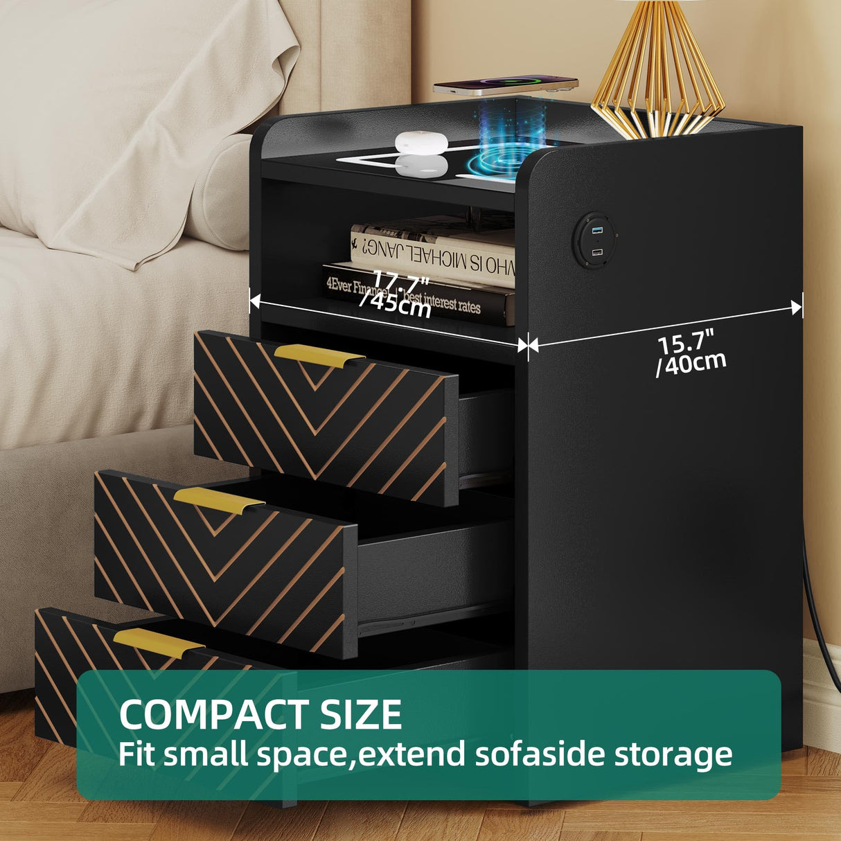 YITAHOME LED Nightstand with Wireless Charging Station & USB Ports, Night Stands with 3 Drawers for Bedroom, Modern Bedside Tables with Touch LED Light, Black YITAHOME