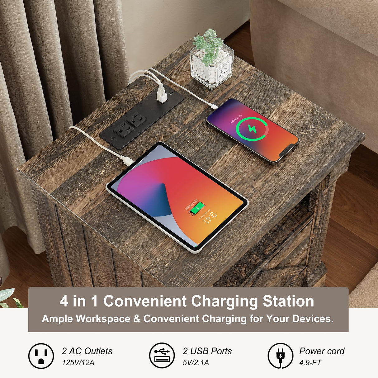 BuildHom Farmhouse Nightstand with Charging Station, 18" Modern Wood Side Table, 2 Drawers End Table & Roman Column Design for Living Room, Bedside Table with Open Shelf for Bed Room, Dark Rustic Oak BuildHom