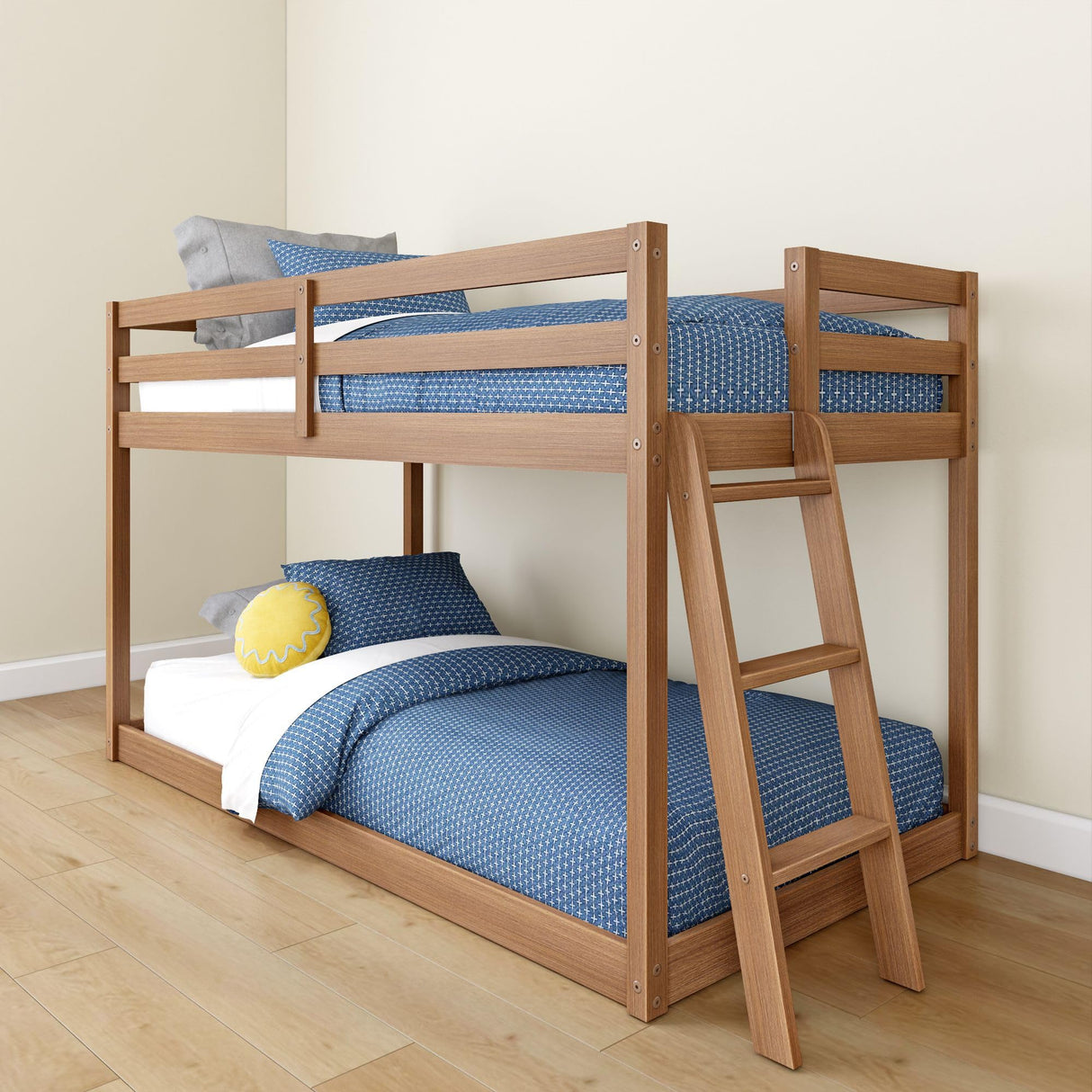 Grain & Grove Bear Twin Over Twin Bunk Bed, Low Bunk Bed Frame for Kids, Bunk with Ladder, Guardrail, and Slats, No Box Spring Required, Oak Embossed Pecan Grain & Grove
