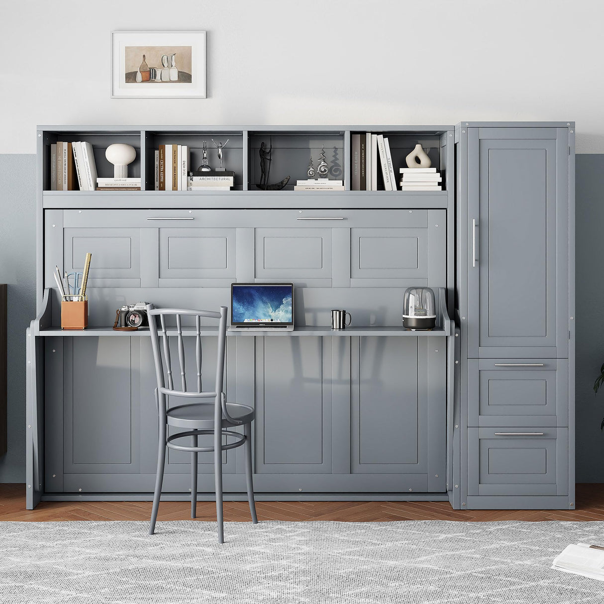 Ball & Cast Queen Size Murphy Bed Wall Chest with Closet and Storage Drawers,Wood Hideaway Platform Bedframe can be Folded,Easy Assembly,for Kids Bedroom,Student Dorms,Gray Ball & Cast