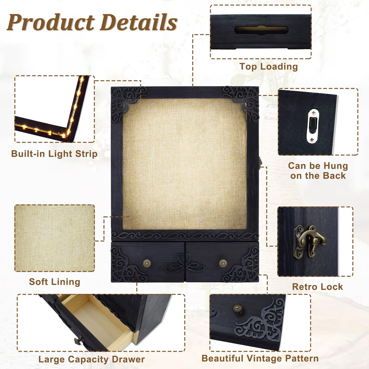 KWYADLUO 11x16 Shadow Box Frame with Light, Memorial Display Case with Shelves, Drawer and Slot for Keepsakes, Large Deep Shadow Box for Flowers and Pet Memorial, Black KWYADLUO