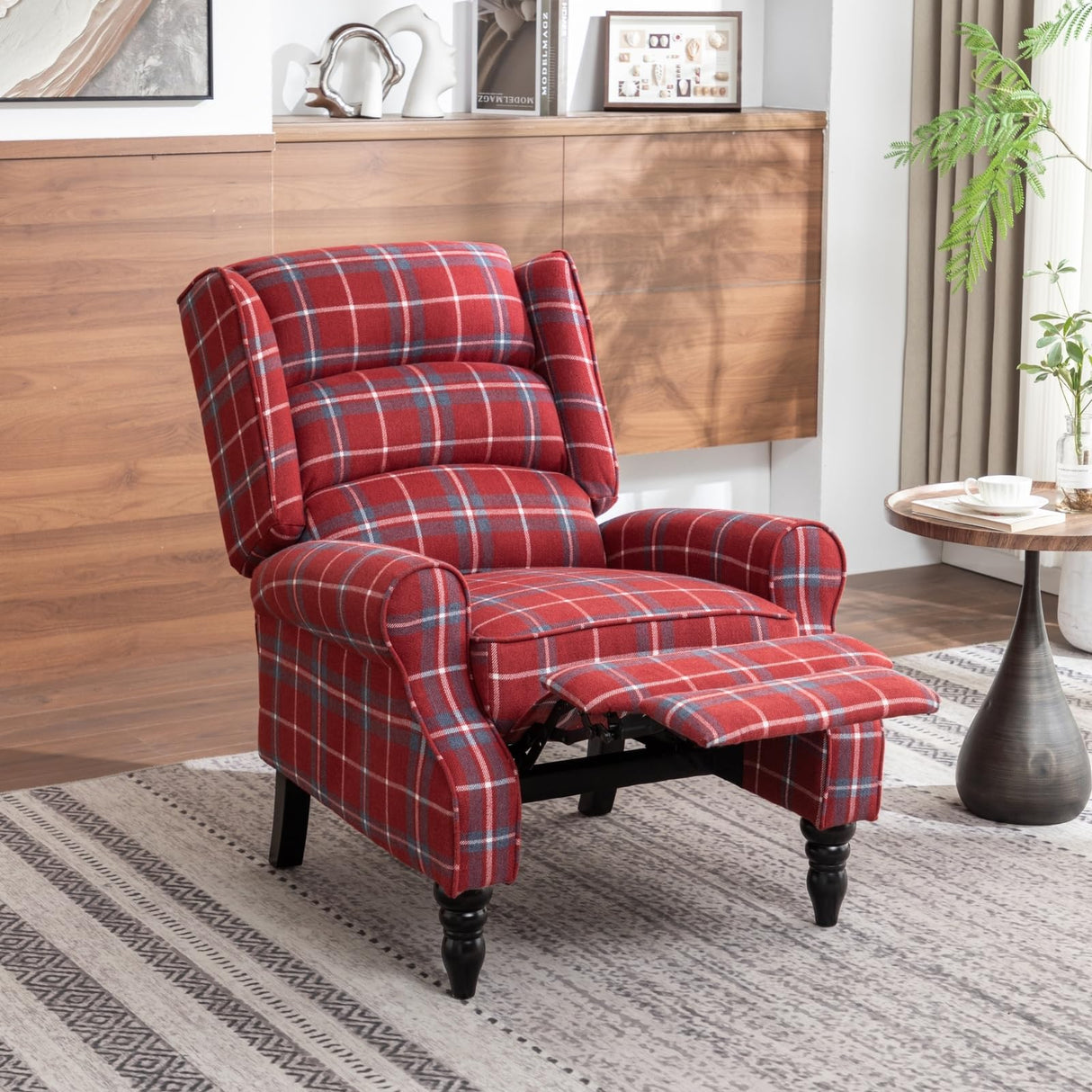 PATIOPTION Upholstered Wingback Recliner Chair, Plaid Recliner Chair Armchair Adjustable Footrest Push Back Reclining Sofa, Mid-Century Modern Lounge Armchair for Living Room, Bedroom, Reading - Red PATIOPTION