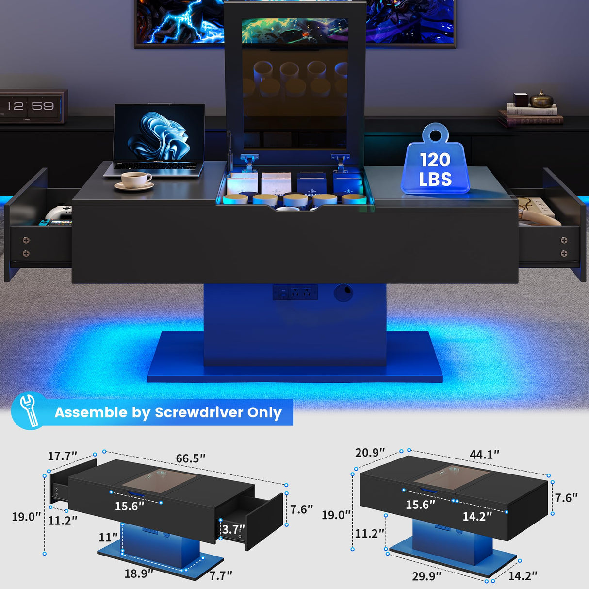 Seetech LED Coffee Table, 44" 3-Drawers Modern Coffee Table with Storage and Charging Station, for Living Room, Black Seetech
