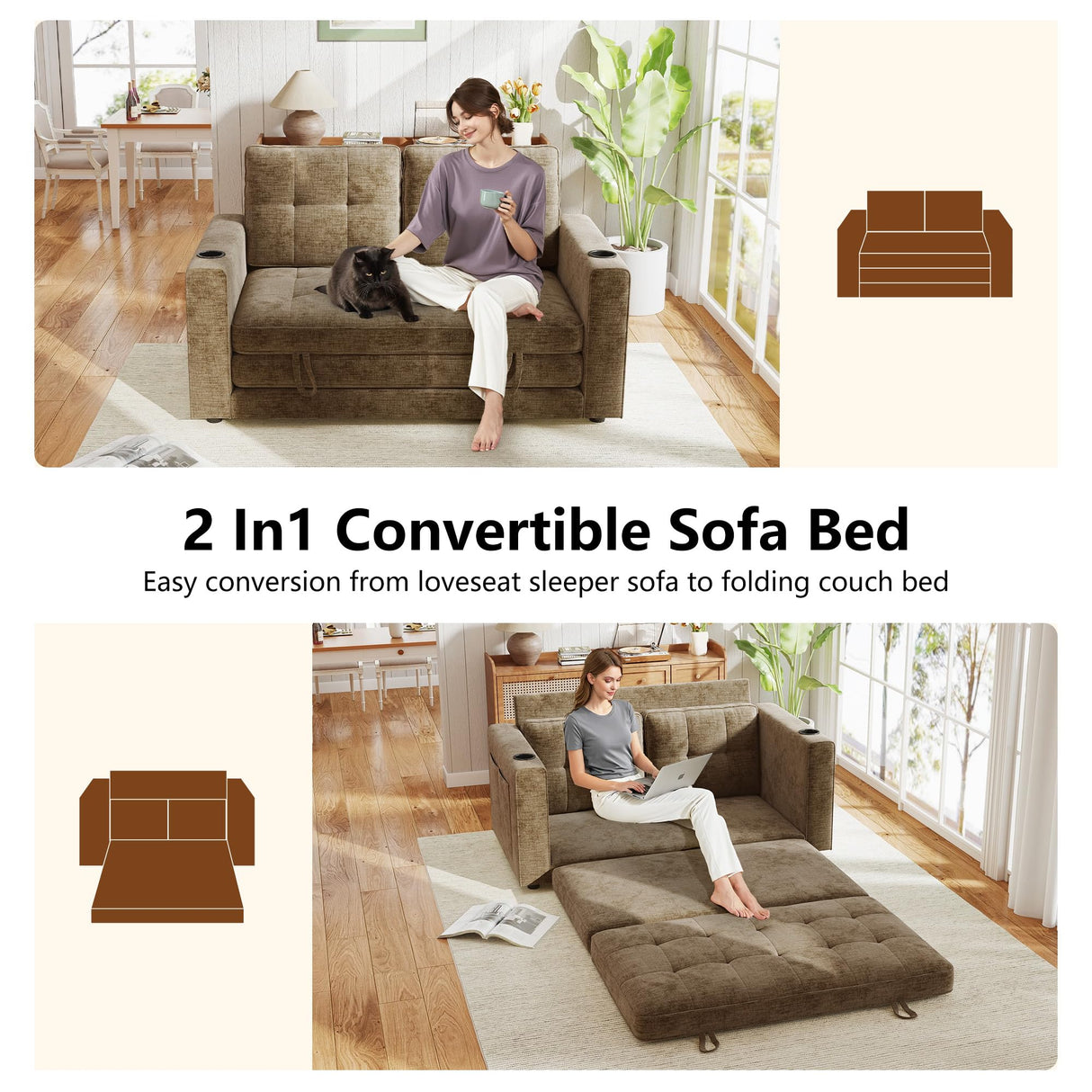 WorthFurni Convertible Sofa Bed, Folding Sofa Bed 2 in1 Pull Out Loveseat Sleeper Sofa, Floor Sofa Bed for Small Spaces Folding Couch Bed with Pillows for Living Room Bedroom - Brown WorthFurni