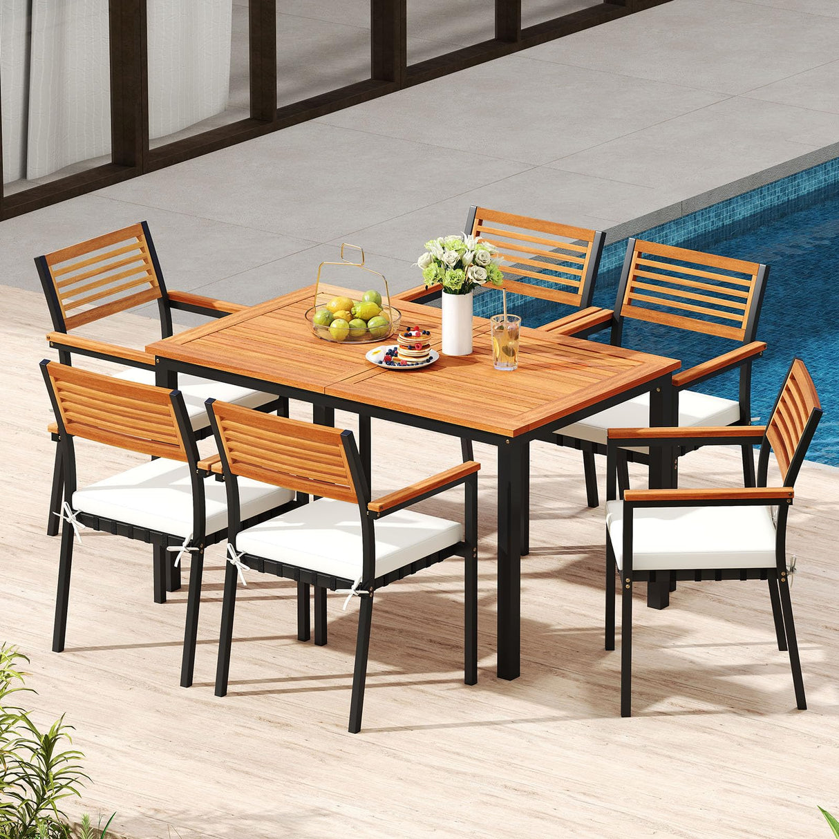 Tangkula 7-Piece Patio Dining Set, Outdoor Acacia Wood Cushioned Chairs and 51”-64” Expandable Rectangular Table Set, with Umbrella Hole, 6 Stackable Armchairs, for Poolside Garden (Off White) Tangkula