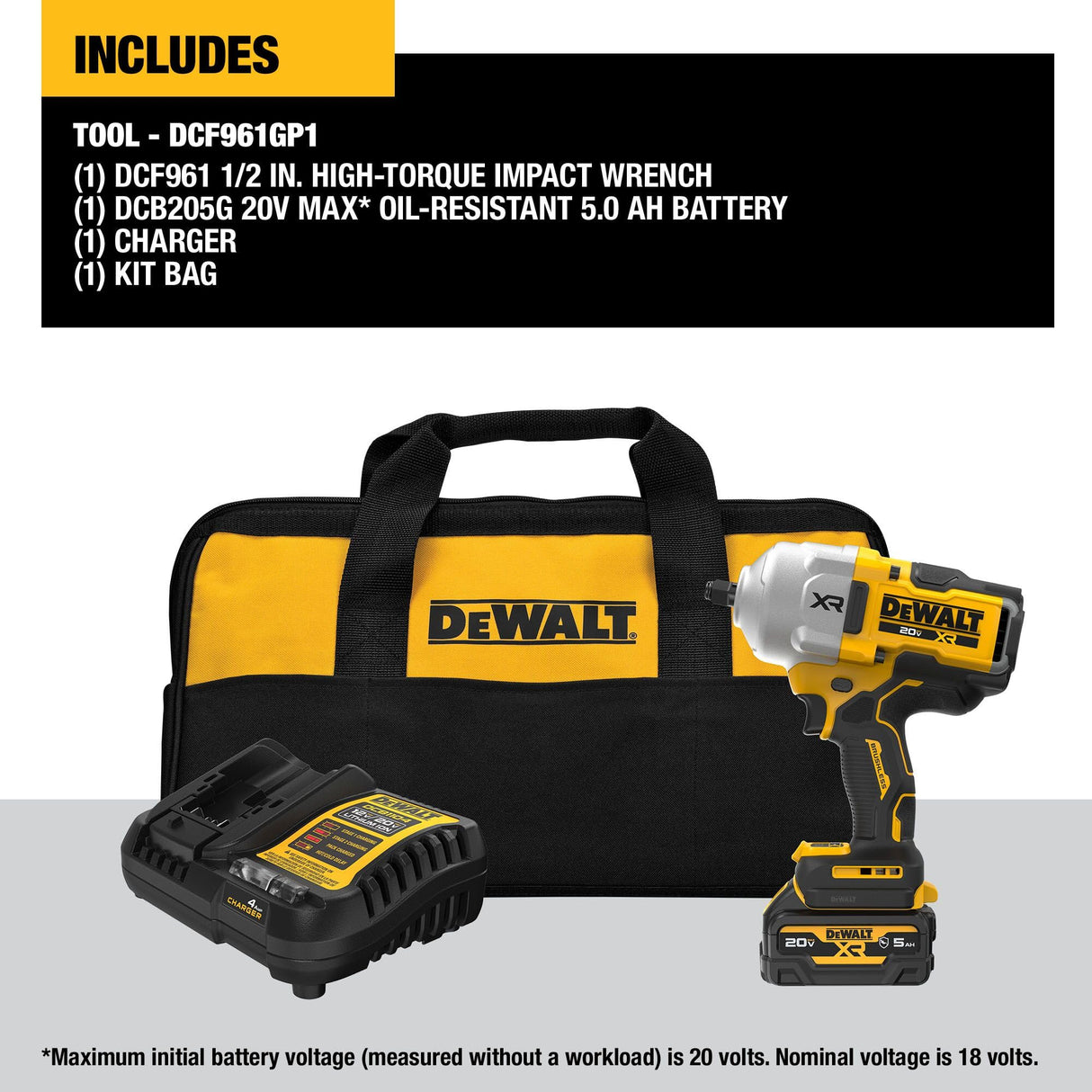 DEWALT 20V MAX XR 1/2 Inch Cordless Impact Wrench Kit with Hog Ring Anvil, Battery and Charger Included (DCF961GP1) DEWALT