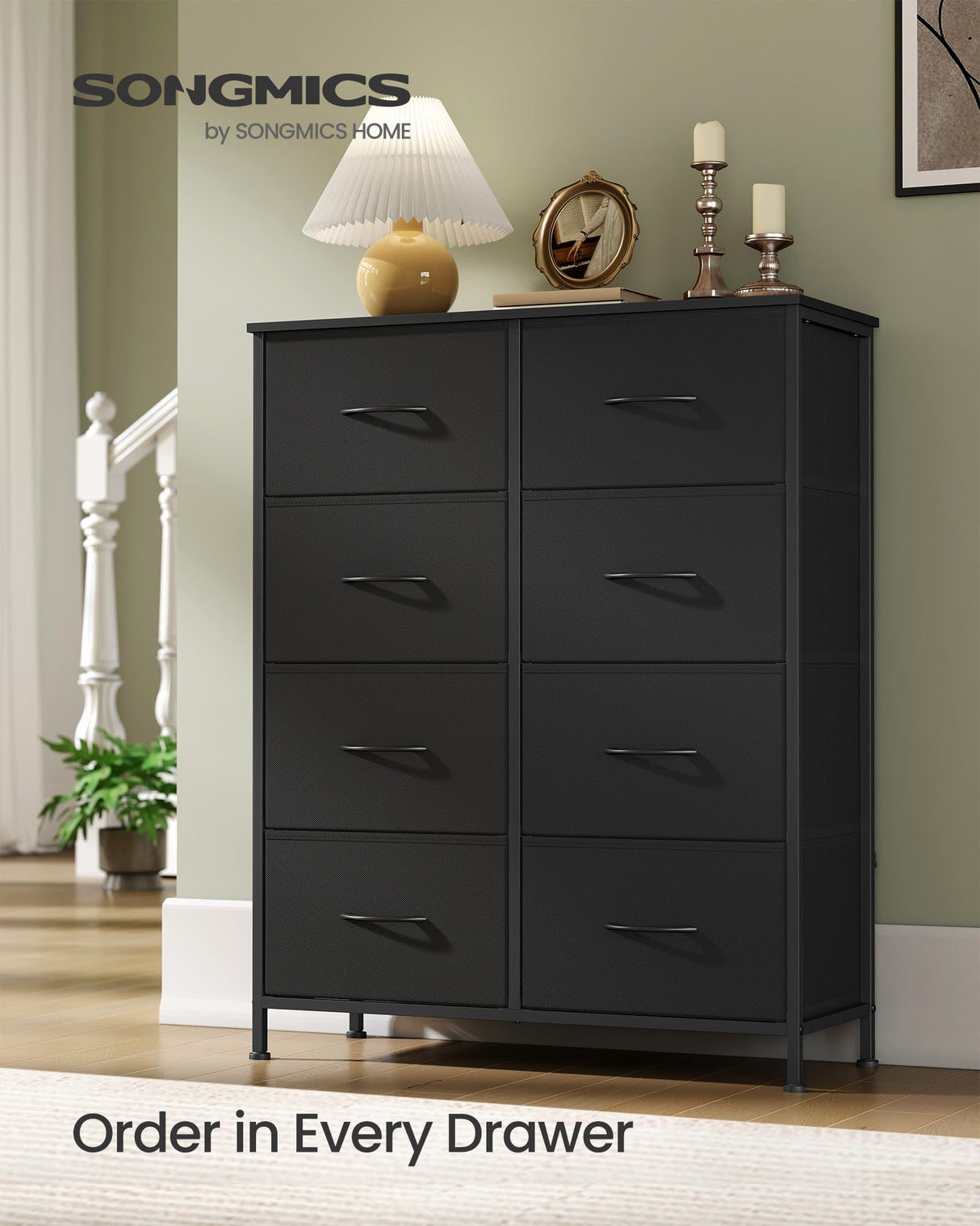 SONGMICS Dresser for Bedroom, Chest of Drawers, Steel, MDF, 8 Non-Woven Fabric Drawers, Storage Organizer Unit, Closet, Entryway, Ink Black and Ebony Black LGS124B01S SONGMICS