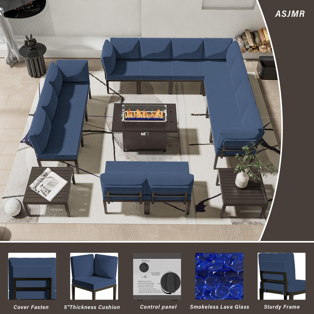 ASJMR Patio Furniture Set,15 Pieces Modern Outdoor Conversation Set w/43in Gas Fire Pit Table, Outdoor Metal Sectional Sofa with 55000 BTU Propane Fire Pit ASJMR