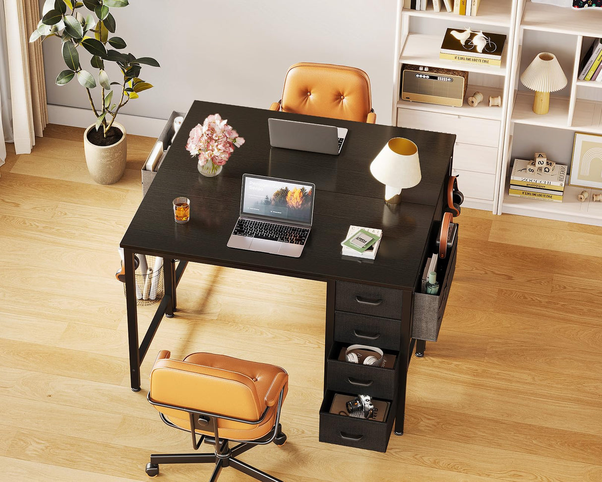 Casaottima 32-Inch Small Computer Desk with 4 Fabric Drawers — Home Office Desks with Storage, Writing Desk with Side Hook and Cloth Bag, Modern Study/Work Table for Bedroom and Small Space, Black Casaottima