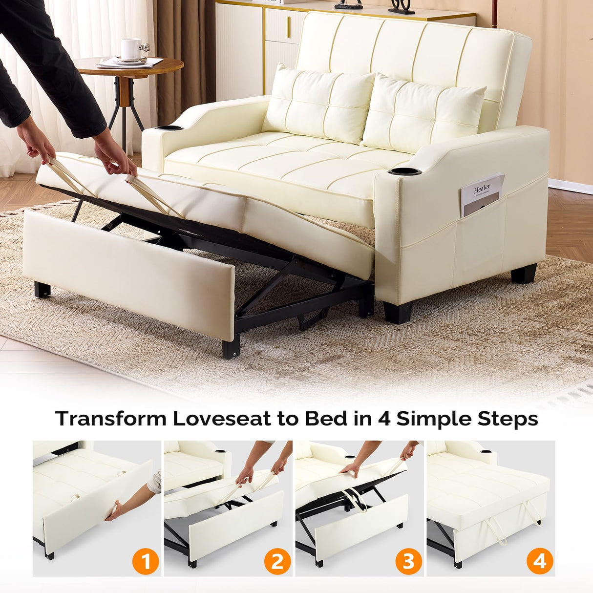 VINGLI Beige Loveseat Sleeper Sofa, Convertible Futon Sofa Bed Faux Leather Pullout Couch Bed with USB Ports, Cup Holders, Armrest for Living Room, Bedroom, Home Office Apartment VINGLI