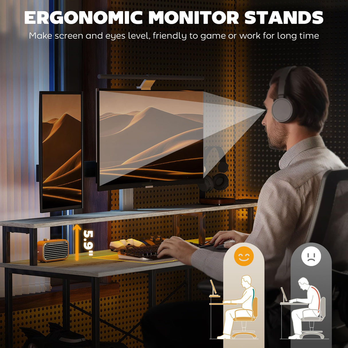 HOMCOM L Shaped Desk with LED Lights and Power Outlets, 59" Gaming Desk with Monitor Stand and Storage Shelves, Corner Computer Desk for Home Office, Small Space, Distressed Gray HOMCOM
