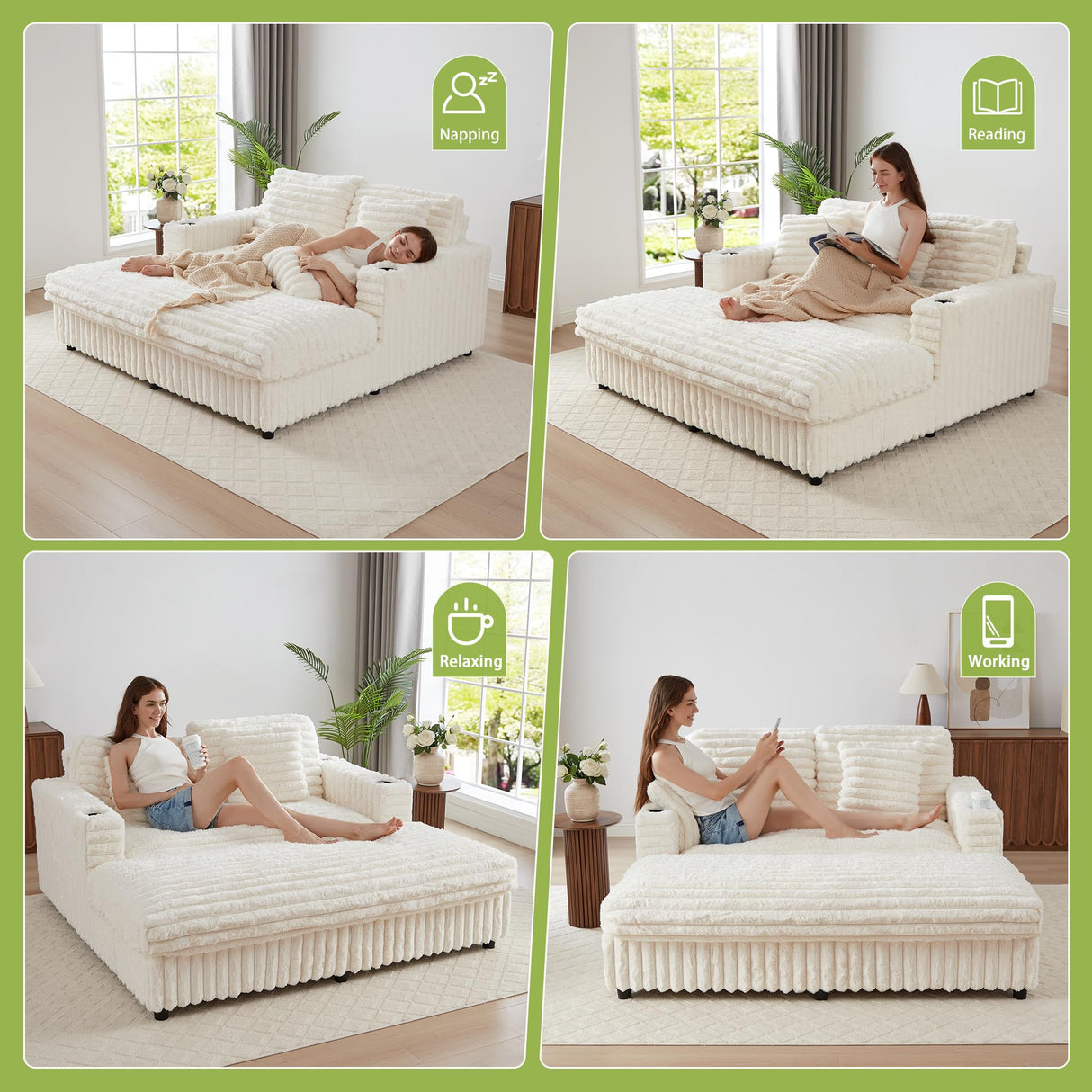 RARZOE 64'' Oversized Chaise Lounge Chair Indoor, Plush Faux Rabbit Fur Sleeper Sofa Bed with 4 Pillows, Charging Station & Cup Holders, Fluffy Comfy Cloud Couch Loveseat Sofa for Living Room,Beige RARZOE