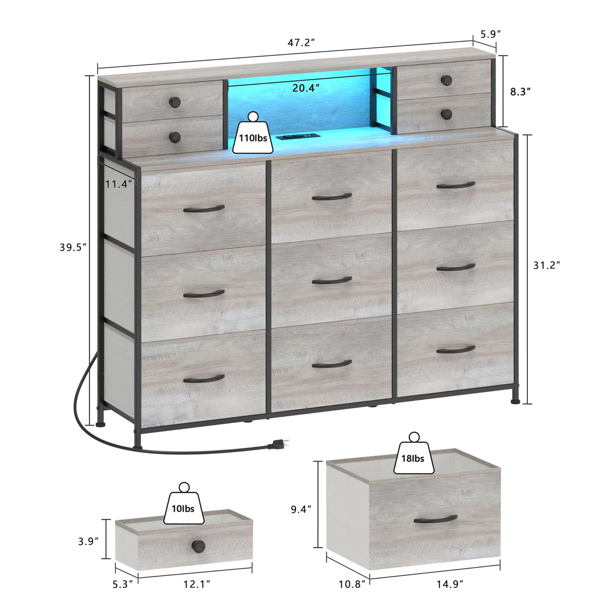 Welfuturer Grey Dresser with Power Outlets and LED Lights 13 Drawers Long Dresser for Bedroom Faux Leather Fabric Chest of Drawers for Living Room Hallway Entryway Closets Sturdy Frame Wood Top Welfuturer