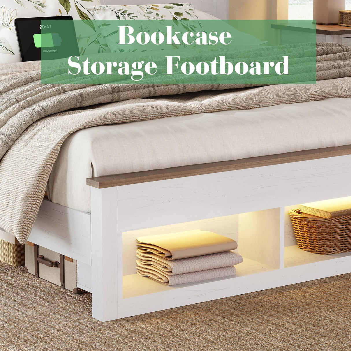 Albott Farmhouse King Size Bed Frame with Storage Bookcase Headboard and Footboard, Storage Wood Platform Bed Frame with Wood Slats Support, Noiseless LED Bed Frame, No Box Spring Needed, White Albott