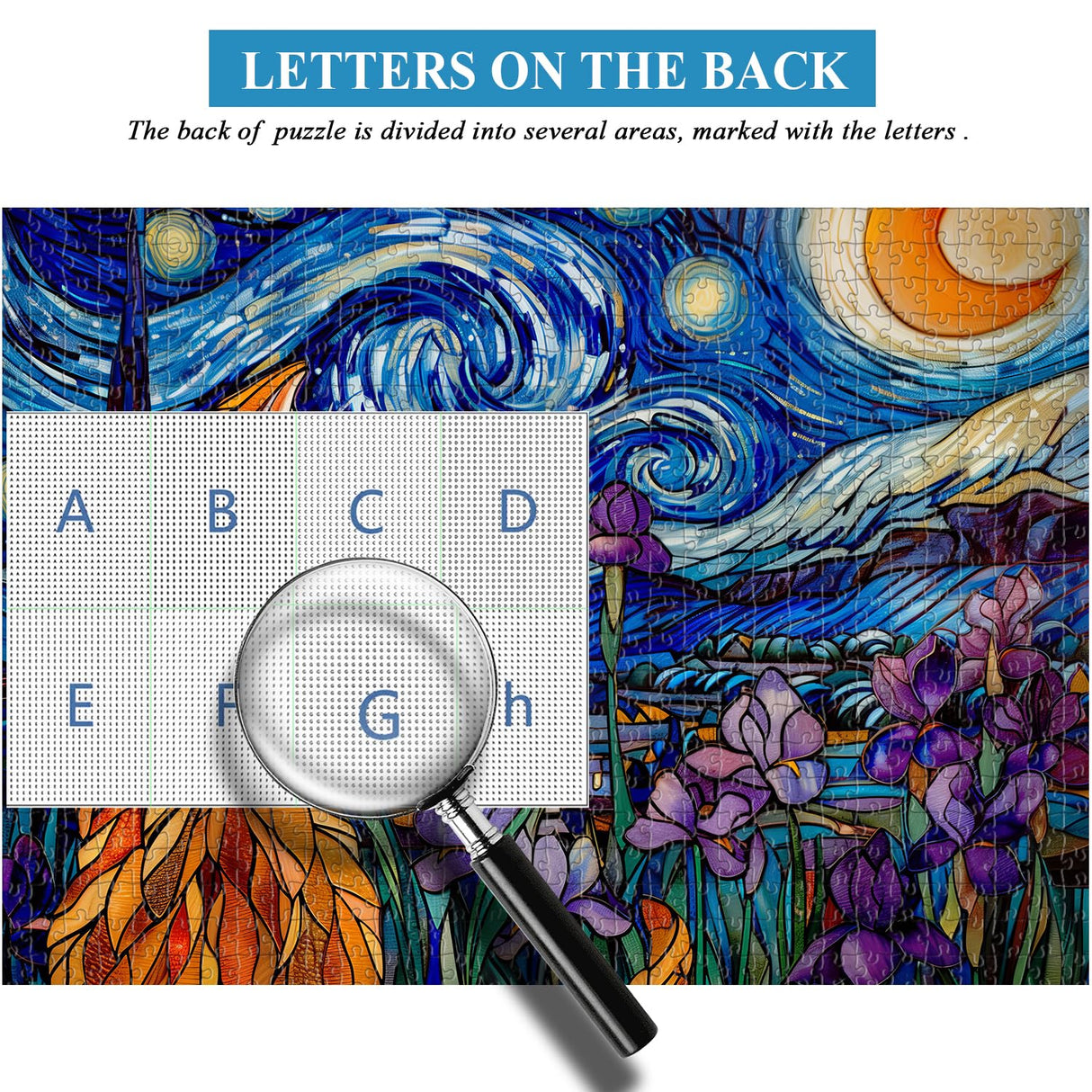 Cat Puzzles for Adults 1000 Pieces, PICKFORU Stained Glass Puzzles Feature Purple Iris Flowers, Starry Night, Moonlit Cat Flower Jigsaw Puzzle for Cat Lovers PICKFORU