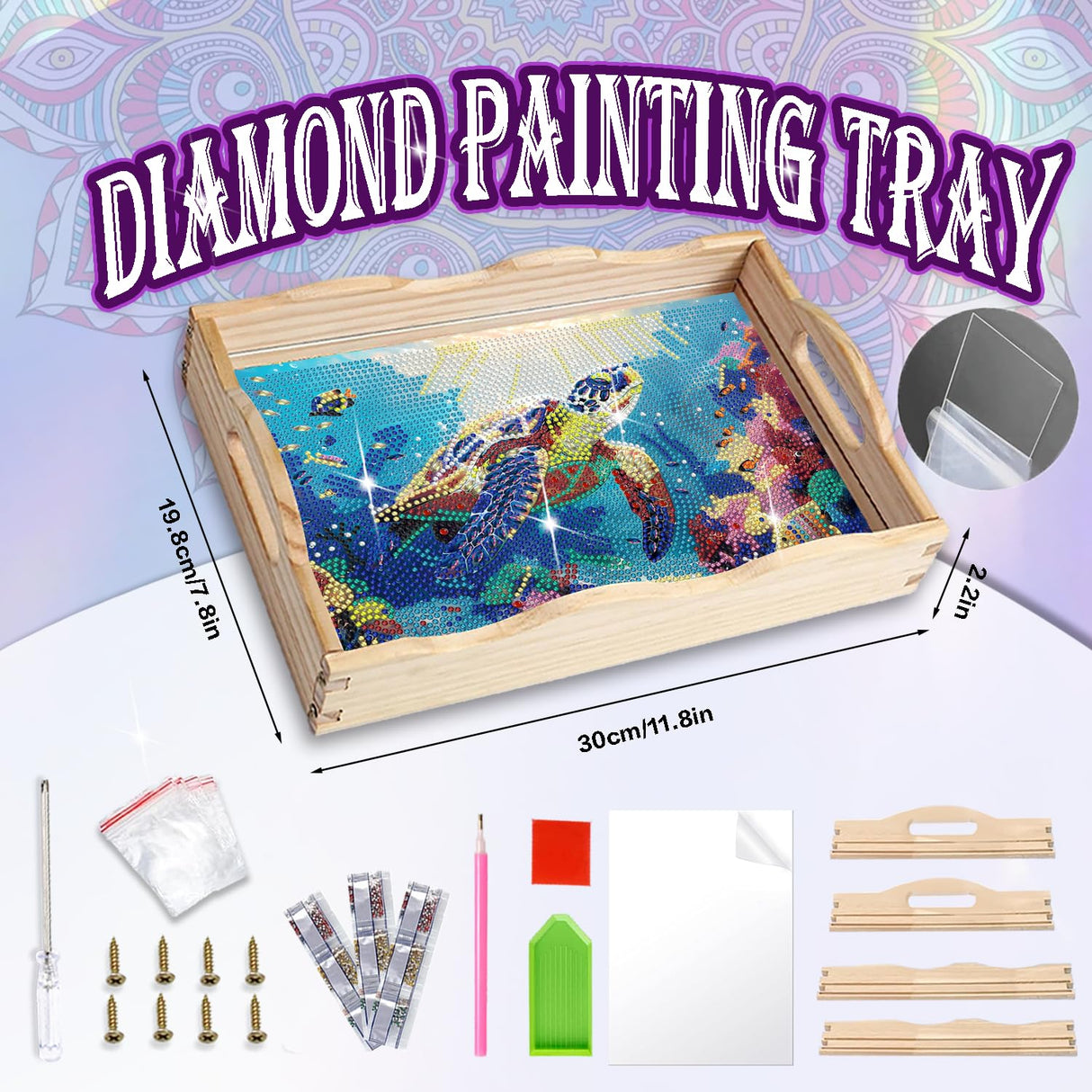 EWJRNSF Diamond Art Kits for Adults Wooden Serving Trays with Handles, 5D Diamond Painting Big Gem Arts and Craft Gifts Trays Decor Gift Home Decor 7.8x11.8 Inches Turtle A EWJRNSF