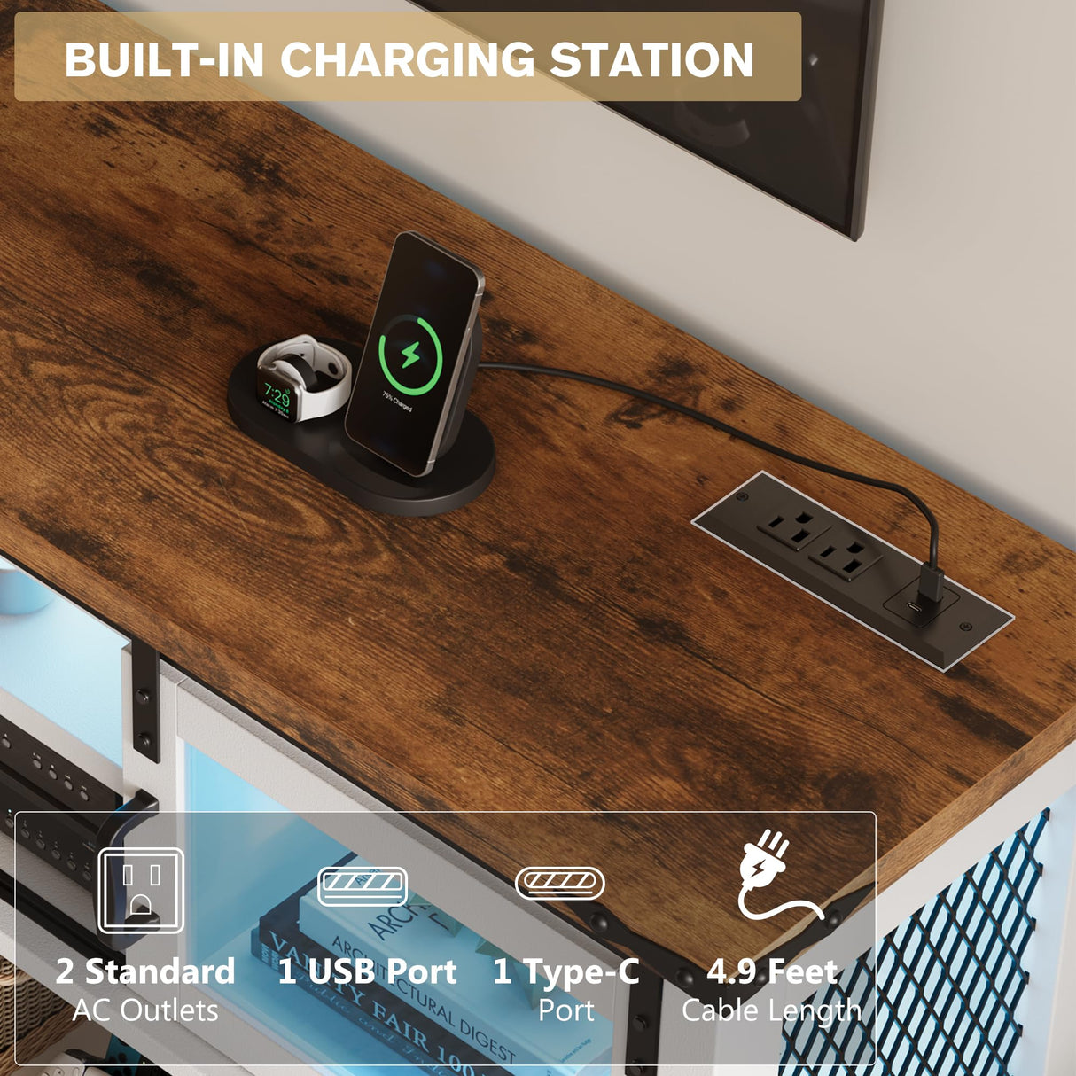 Whalefall Visual Console Table with Power Outlets, 46" Farmhouse Entryway Table with Storage, Narrow Long Sofa Table with LED Light for Living Room, Hallway, Behind Couch Whalefall