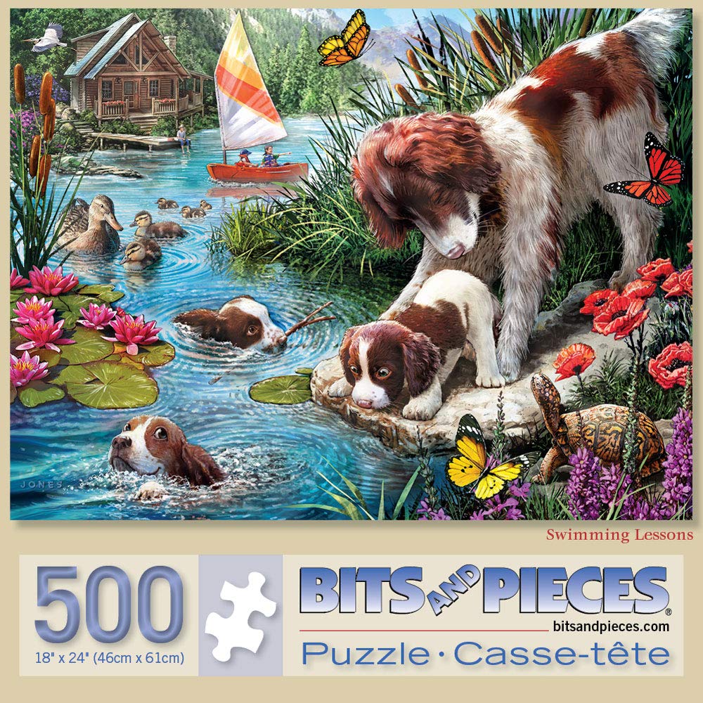 Bits and Pieces – Value Set of Two 500 Piece Jigsaw Puzzles for Adults – Cat Nap, Puppy Swimming Jigsaw Puzzles by Artist Larry Jones, Completed Puzzle Size: 18" x 24" Bits and Pieces