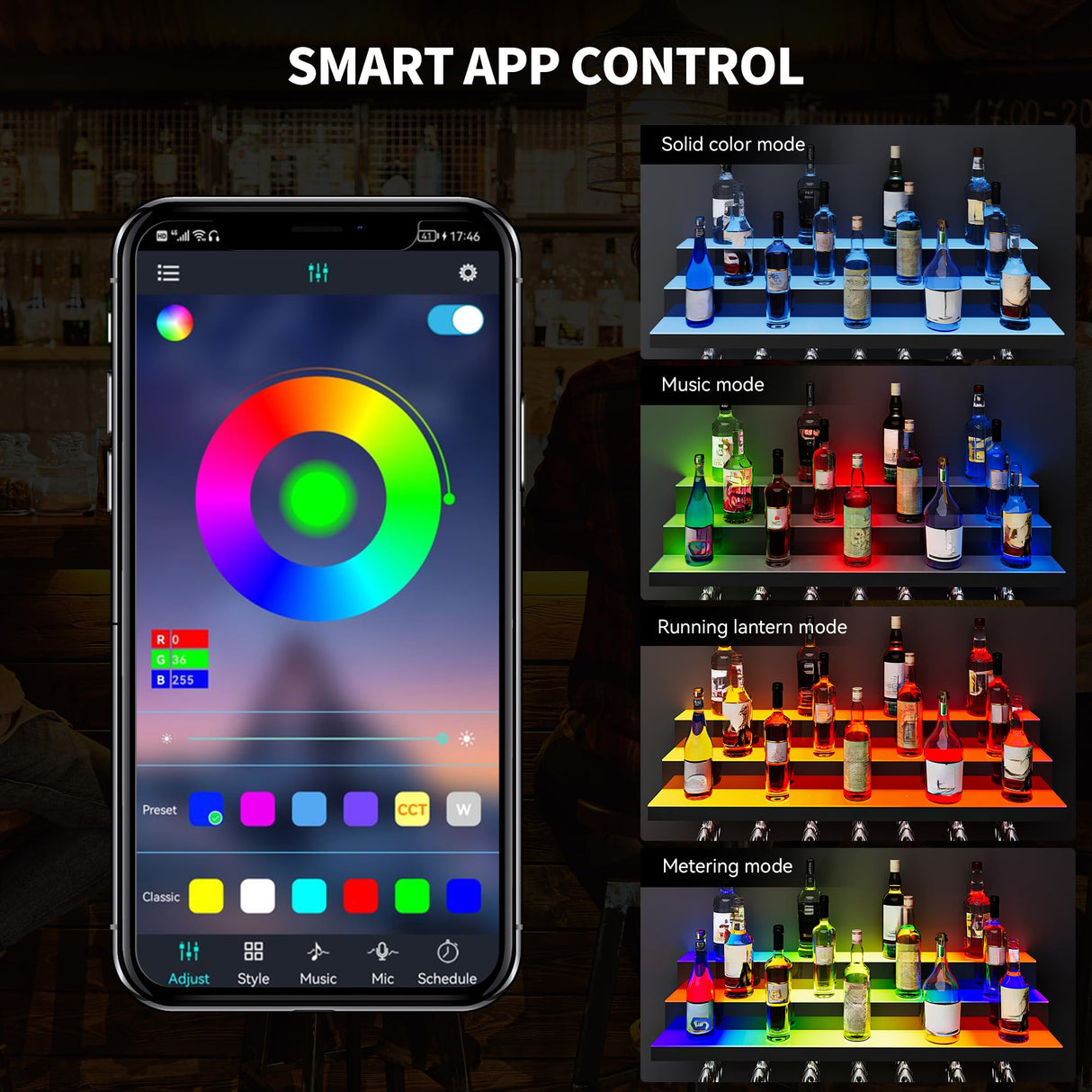 YITAHOME LED Light Liquor Bottle Display Shelf, 3-Step 30-inch Wall Mounted Wine Rack, Acrylic Liquor Shelf with Wine Glass Holder Slots, Remote & App Control for Home Commercial Bar YITAHOME