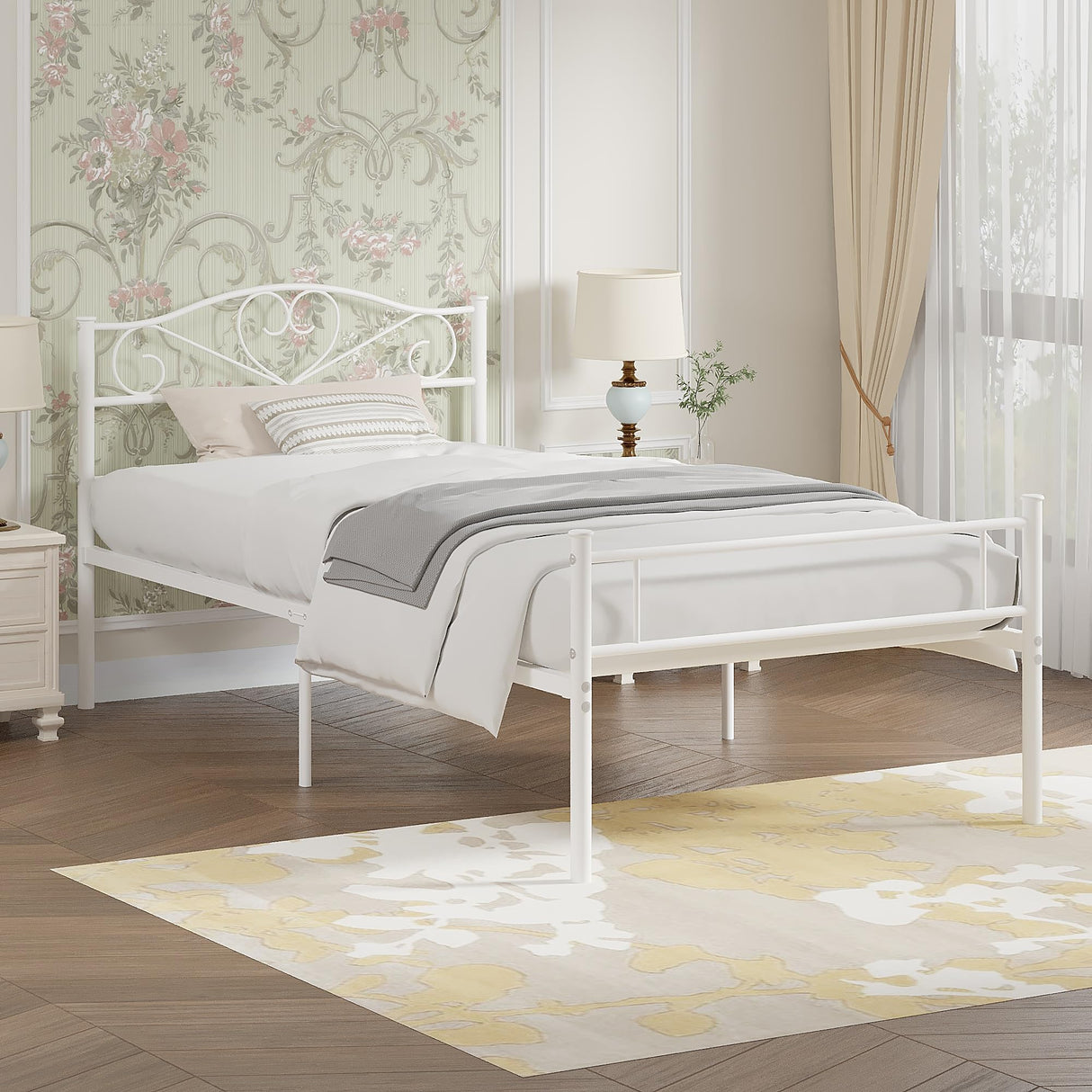 VECELO 14 Inch Twin Size Metal Platform Bed Frame with Headboard and Footboard, Heavy Duty Mattress Foundation with Steel Slats Support, No Box Spring Needed, White VECELO