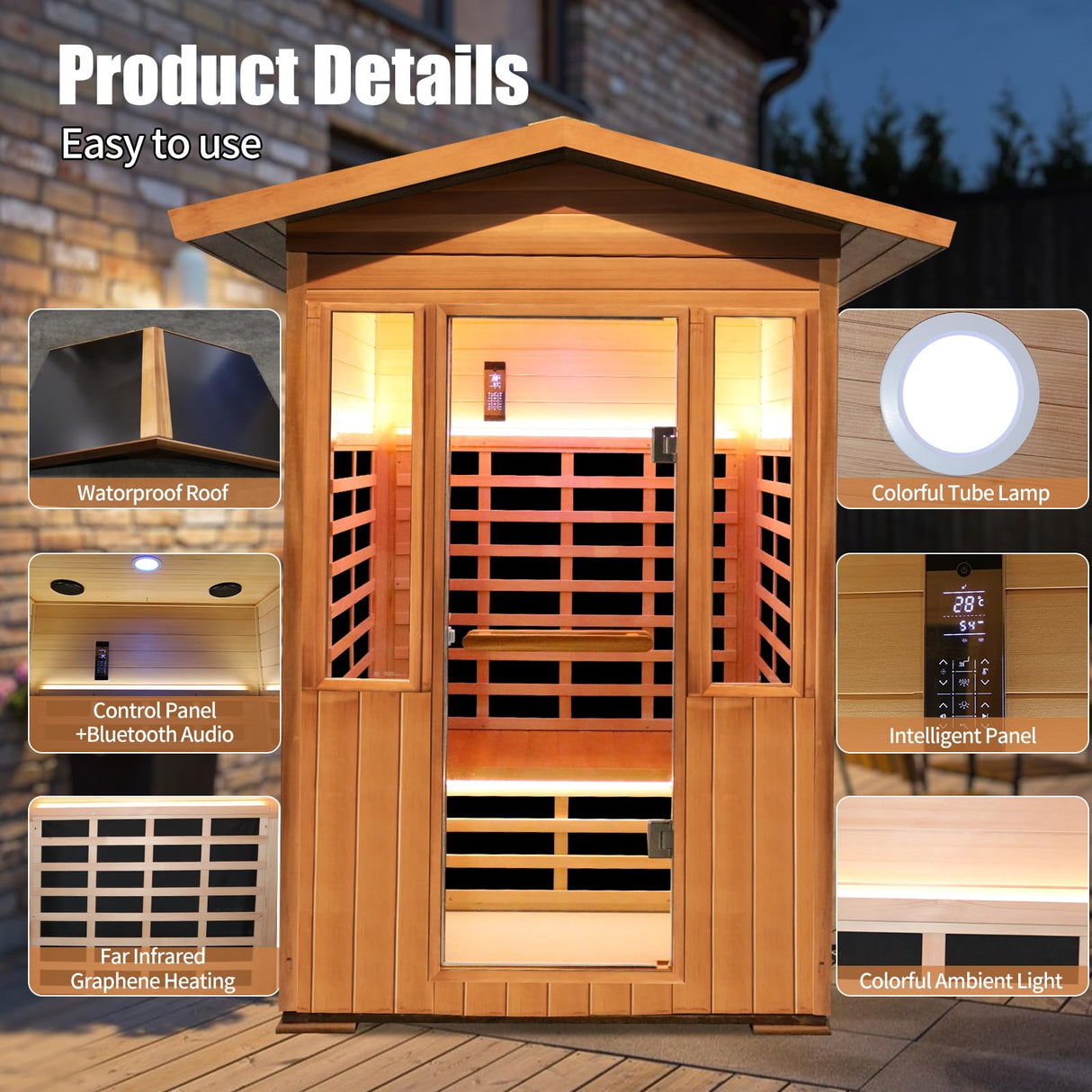 Outdoor Sauna 2 Person 1800W/110V Low EMF Dry Sauna Infrared Sauna for Home Inner Board Hemlock Wood/Outer Board Red Cedar, 8 Heating Panels with LCD Control Panel/Speaker and Tempered Glass Door HOSAUNA
