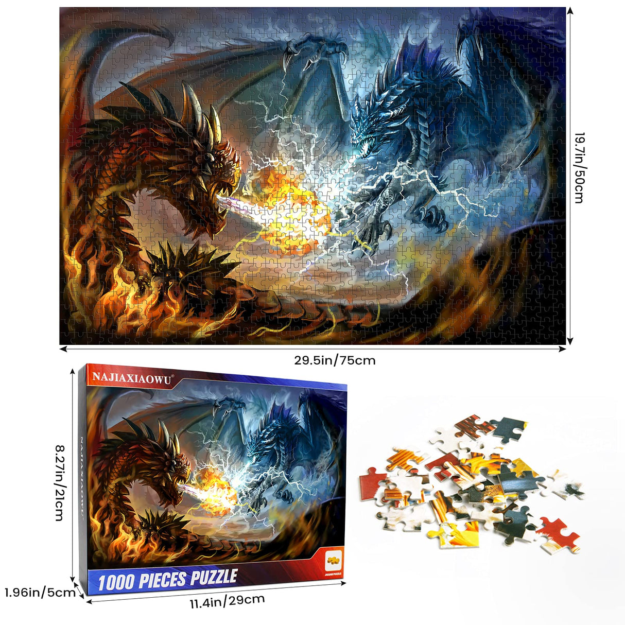 Puzzles for Adults 1000 Piece Jigsaw Puzzles Fire Dragon and Electric Dragon Fight Puzzle Game for Indoor Activity Family Game Toy Gifts (27.5"x 19.7") najiaxiaowu